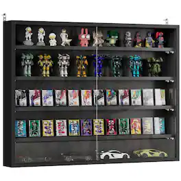 PULUZ - 5-Tier Display Cabinet, Wall-Mounted Display Case with 2 Glass Doors and Adjustable Shelves - Jet Black