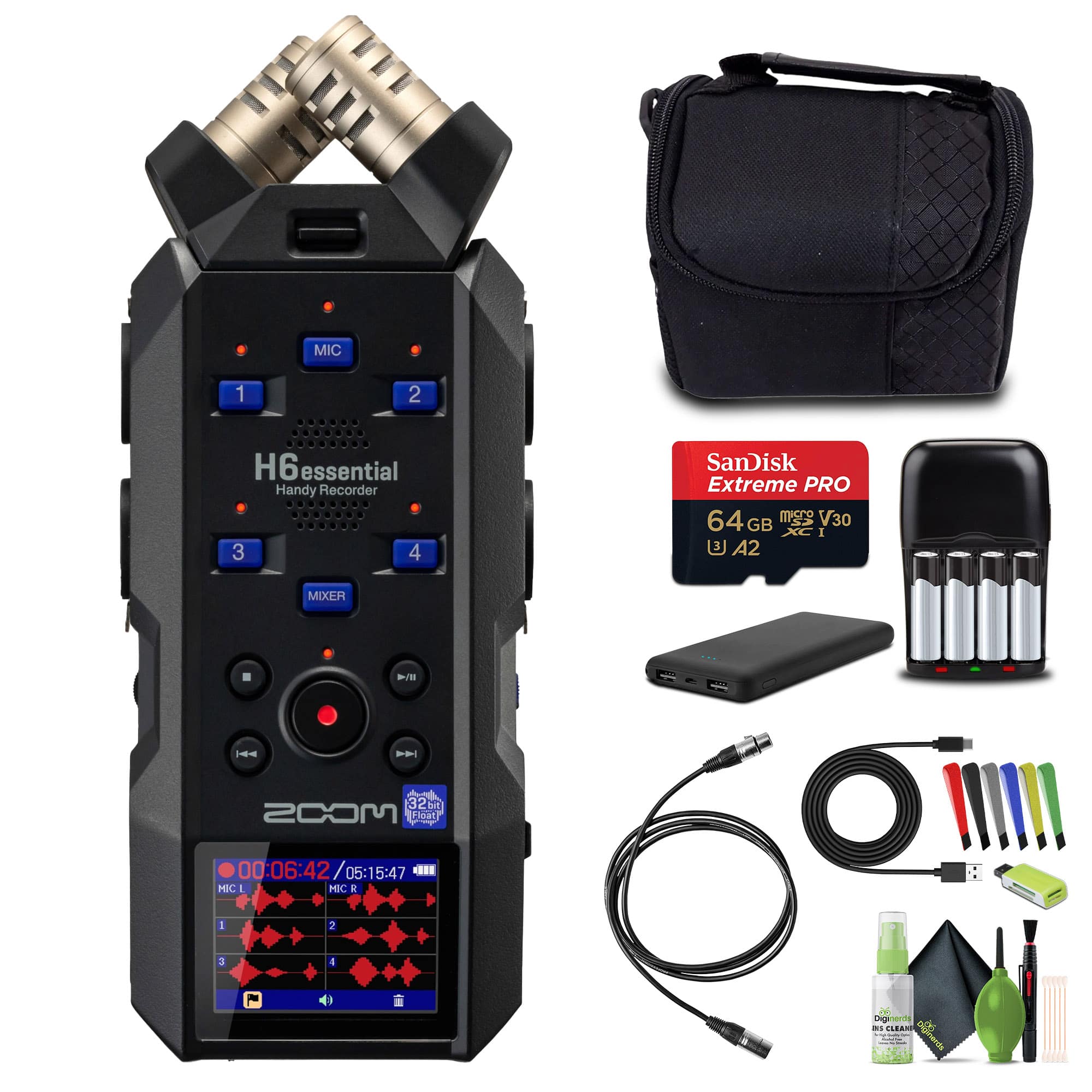 Zoom - ZH6E H6essential Handy Recorder 6 Tracks & 32-Bit Float Recording Bundle - Black