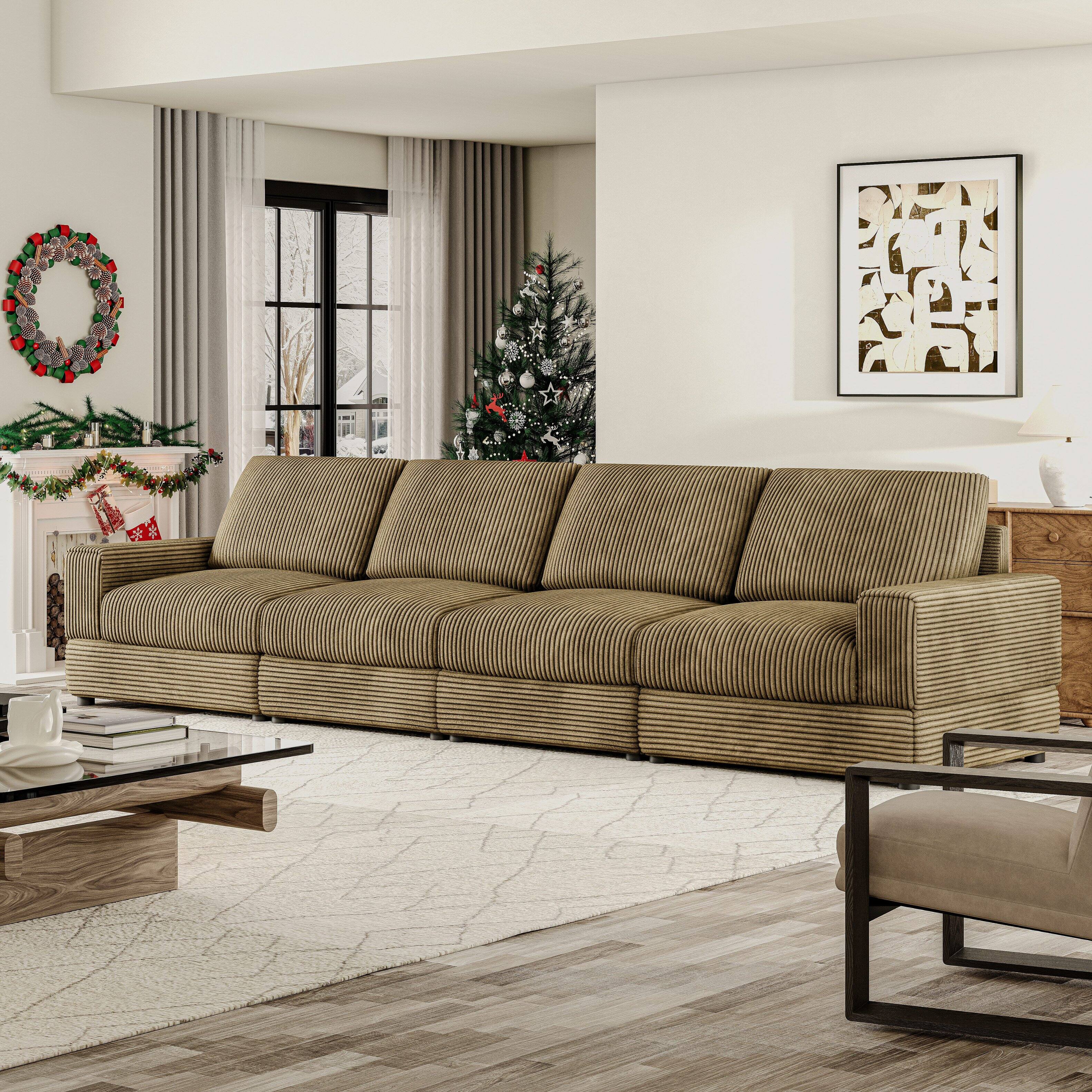 Front. MSOOB - 138'' 4-Seater Corduroy Sofa Extra Wide Corduroy Couch with Pillows Back and Deep Seat for Theater Rooms(Green) - Green.