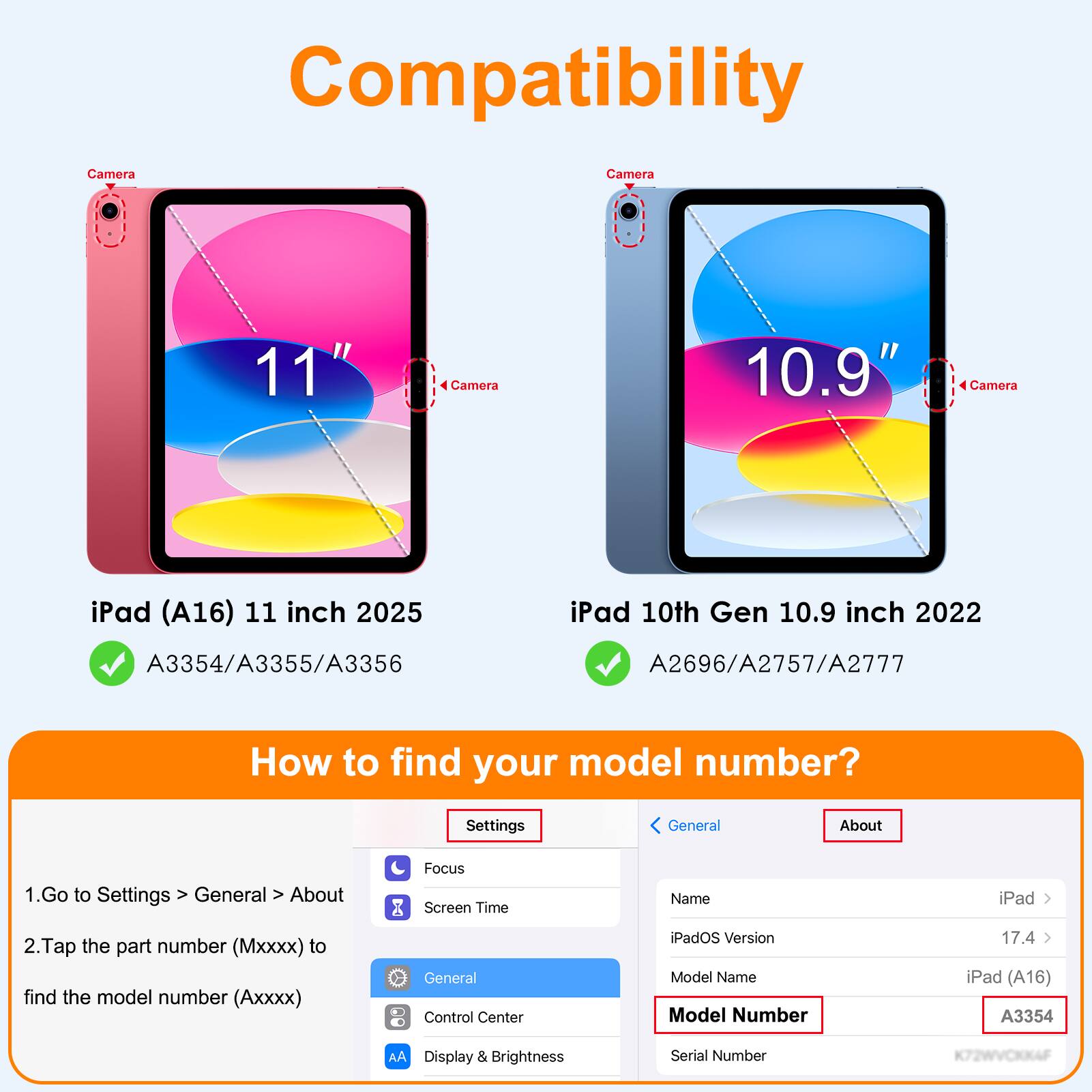 Compatibility

Camera 11"  
Camera 10.9"  
Camera iPad (A16) 11 inch 2025  
iPad 10th Gen 10.9 inch 2022  
A3354/A3355/A3356  
A2696/A2757/A2777  

How to find your model number?  
1. Go to Settings > General > About  
2. Tap the part number (Mxxxx) to find the model number (Axxxx)  

iPadOS Version: 17.4  
Model Name: iPad (A16)  
Model Number: A3354  
Serial Number: K72WVCKKAF