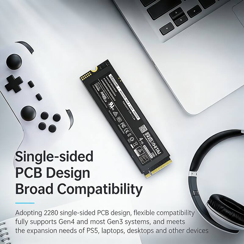 Single-sided PCB Design  
Broad Compatibility  

Adopting 2280 single-sided PCB design, flexible compatibility fully supports Gen4 and most Gen3 systems, and meets the expansion needs of PS5, laptops, desktops and other devices