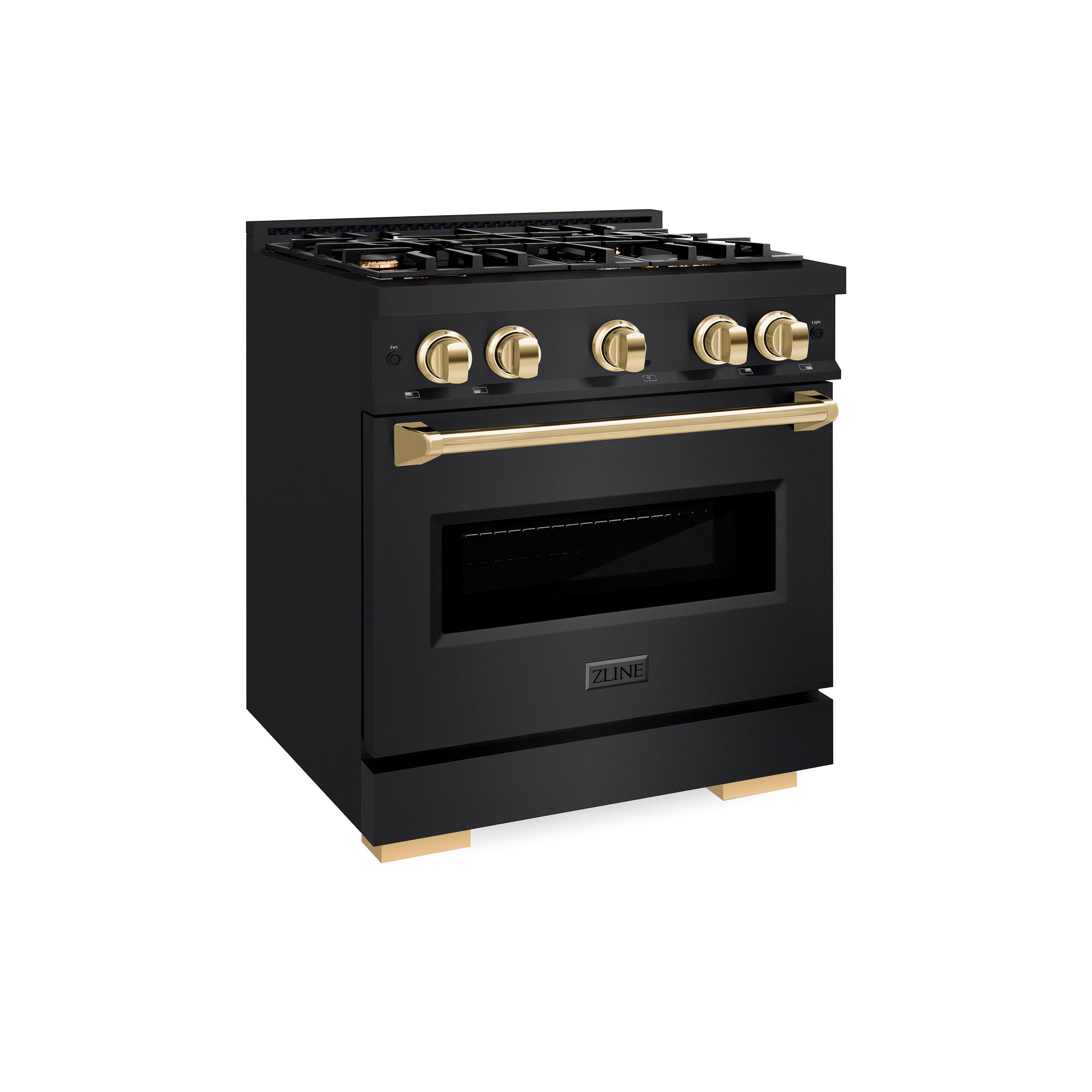 Angle. ZLINE - Autograph 30" Classic Black Stainless Gas Range w/ 4 Burners & Gold Accents (CGRBZ-30-G) - Black Stainless Steel.
