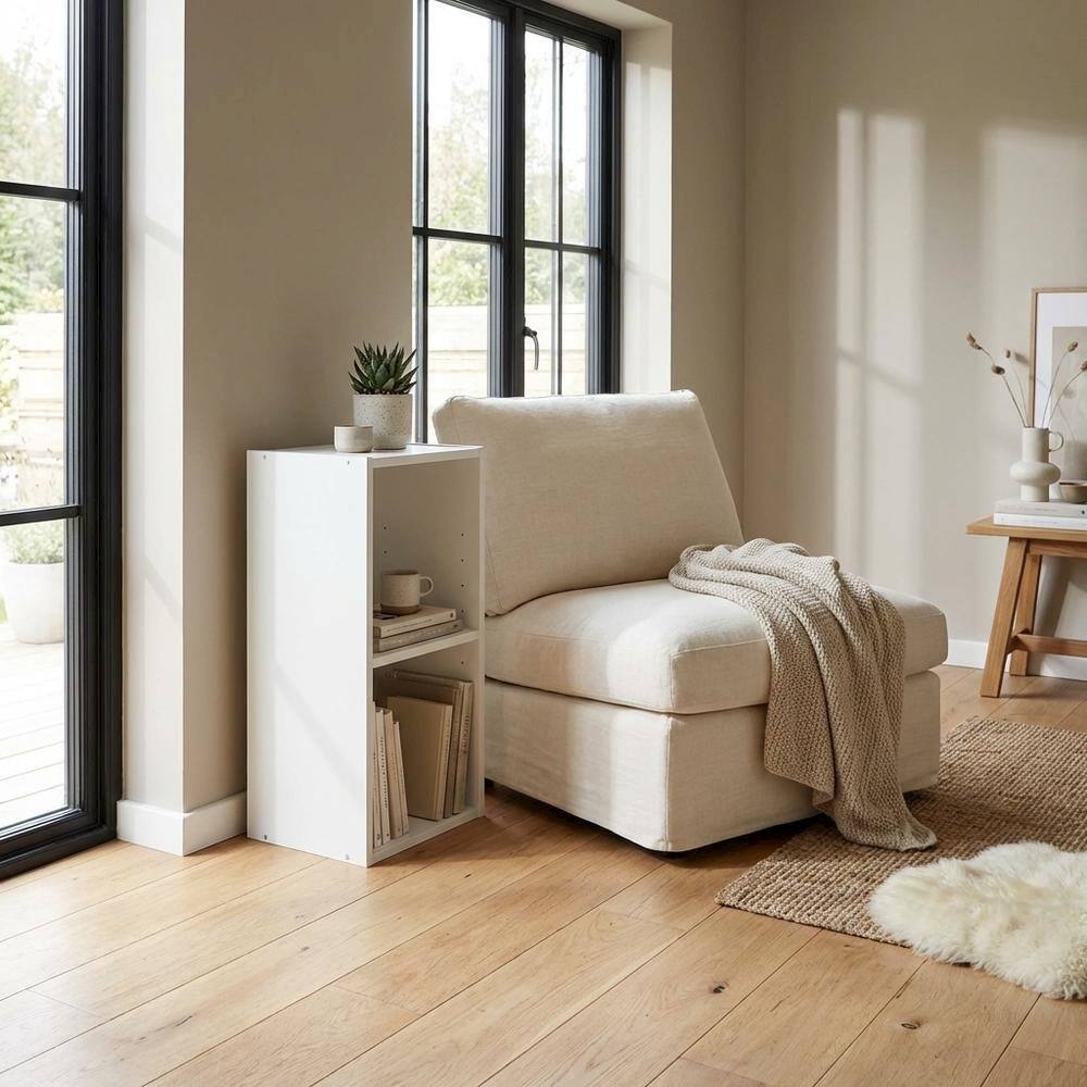 Left. FurniFact - White wood bookcase with compact design and versatile storage solution - White.