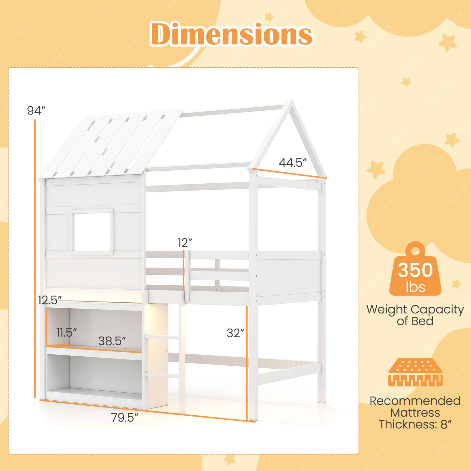 Dimensions:  
- 94"  
- 44.5"  
- 12"  
- 12.5"  
- 11.5"  
- 38.5"  
- 32"  
- 79.5"  

Weight Capacity of Bed: 350 lbs  

Recommended Mattress Thickness: 8"