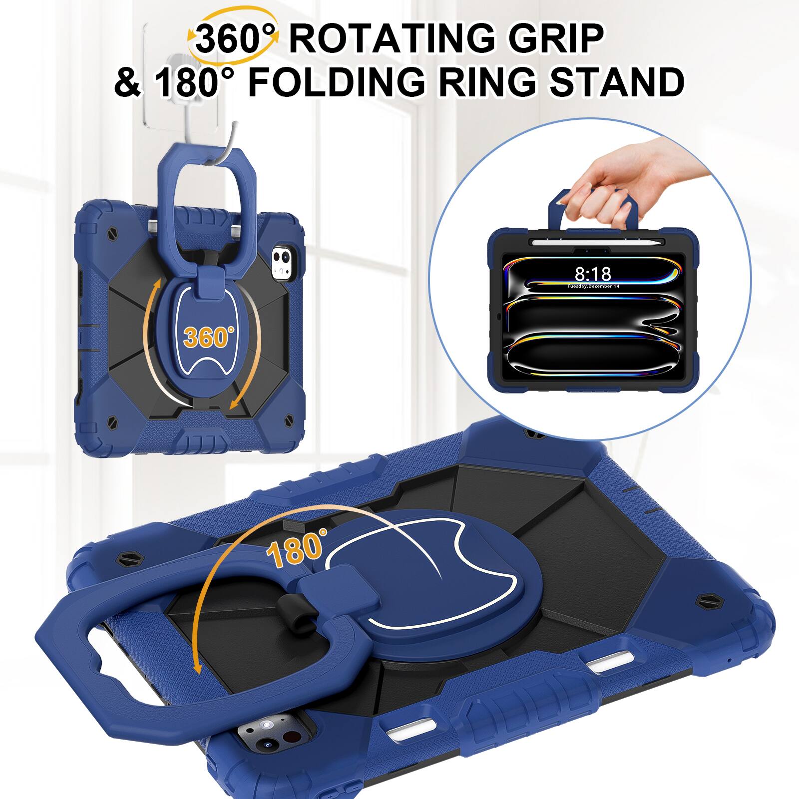 360° Rotating Grip & 180° Folding Ring Stand