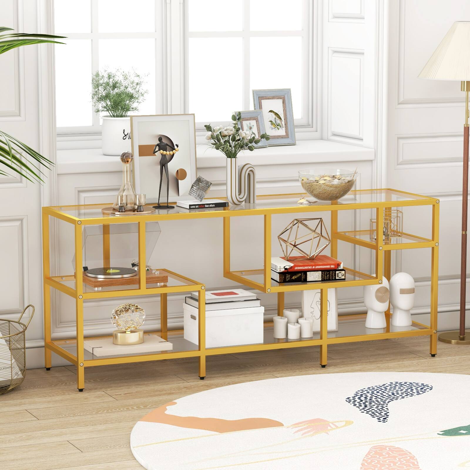 Alt View 1. Ecooso - 58 Inch TV Console Table with Tempered Glass Shelves for Living Room Media - Gold.