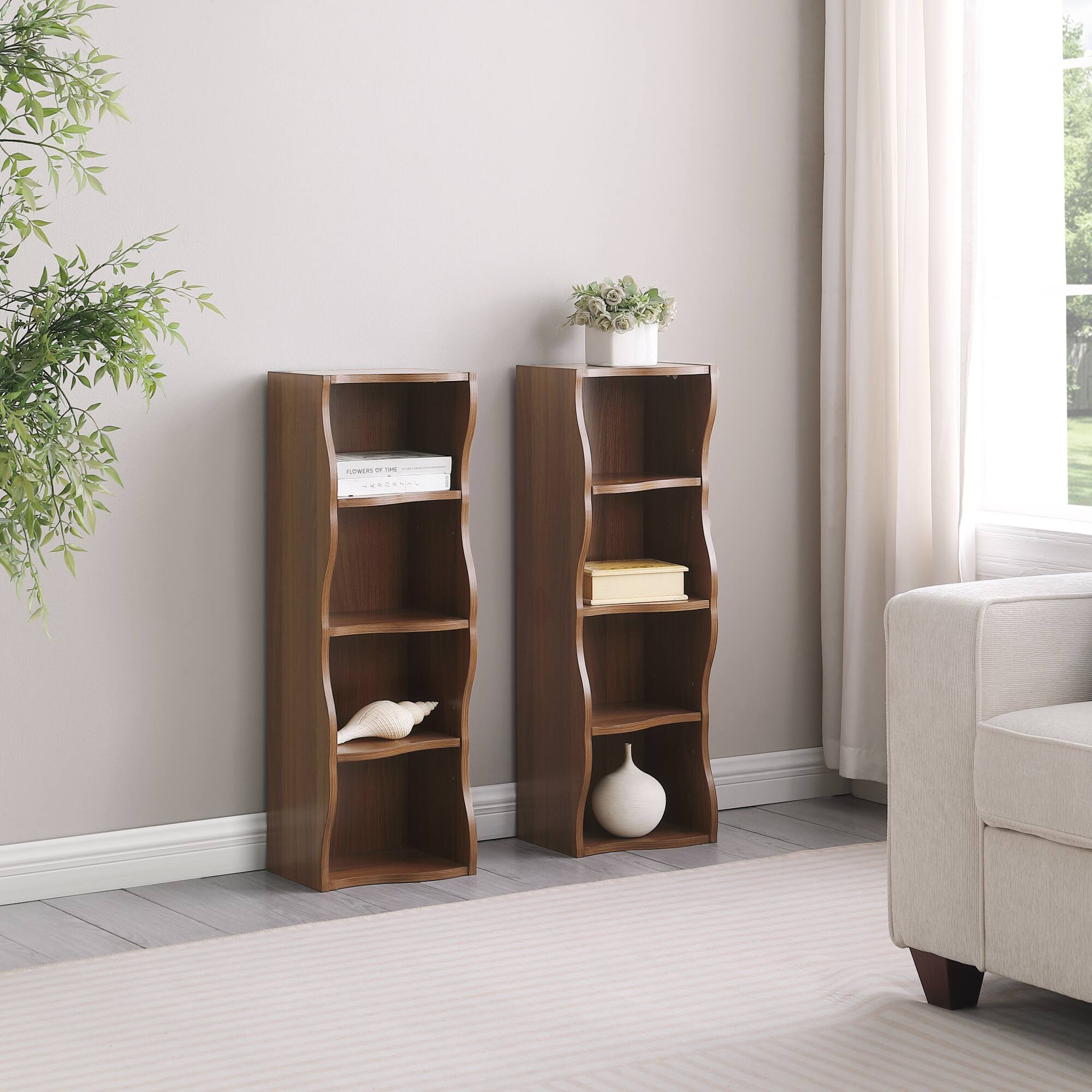 Alt View 1. GOODSILO - Ultra-Thin Adjustable Shelf Bookcase with Wavy Border Design for Home and Office Storage Solutions - Walnut.