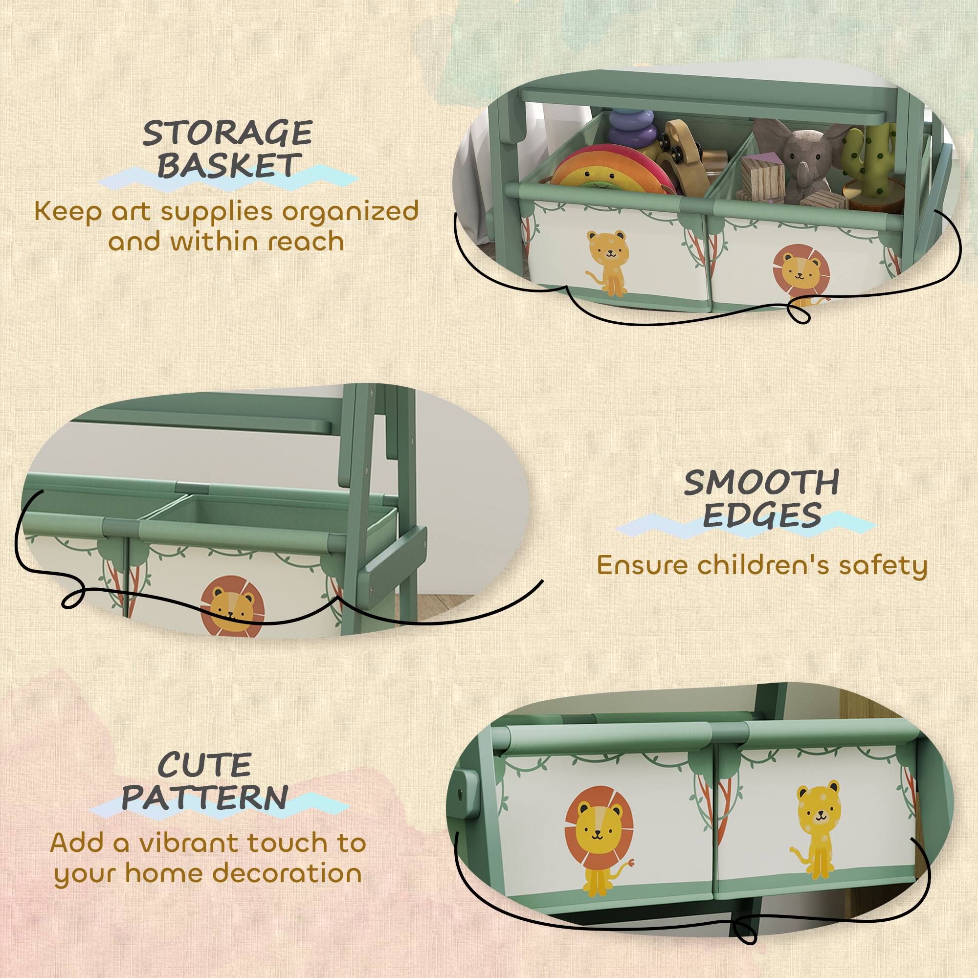 STORAGE BASKET  
Keep art supplies organized and within reach  

SMOOTH EDGES  
Ensure children's safety  

CUTE PATTERN  
Add a vibrant touch to your home decoration