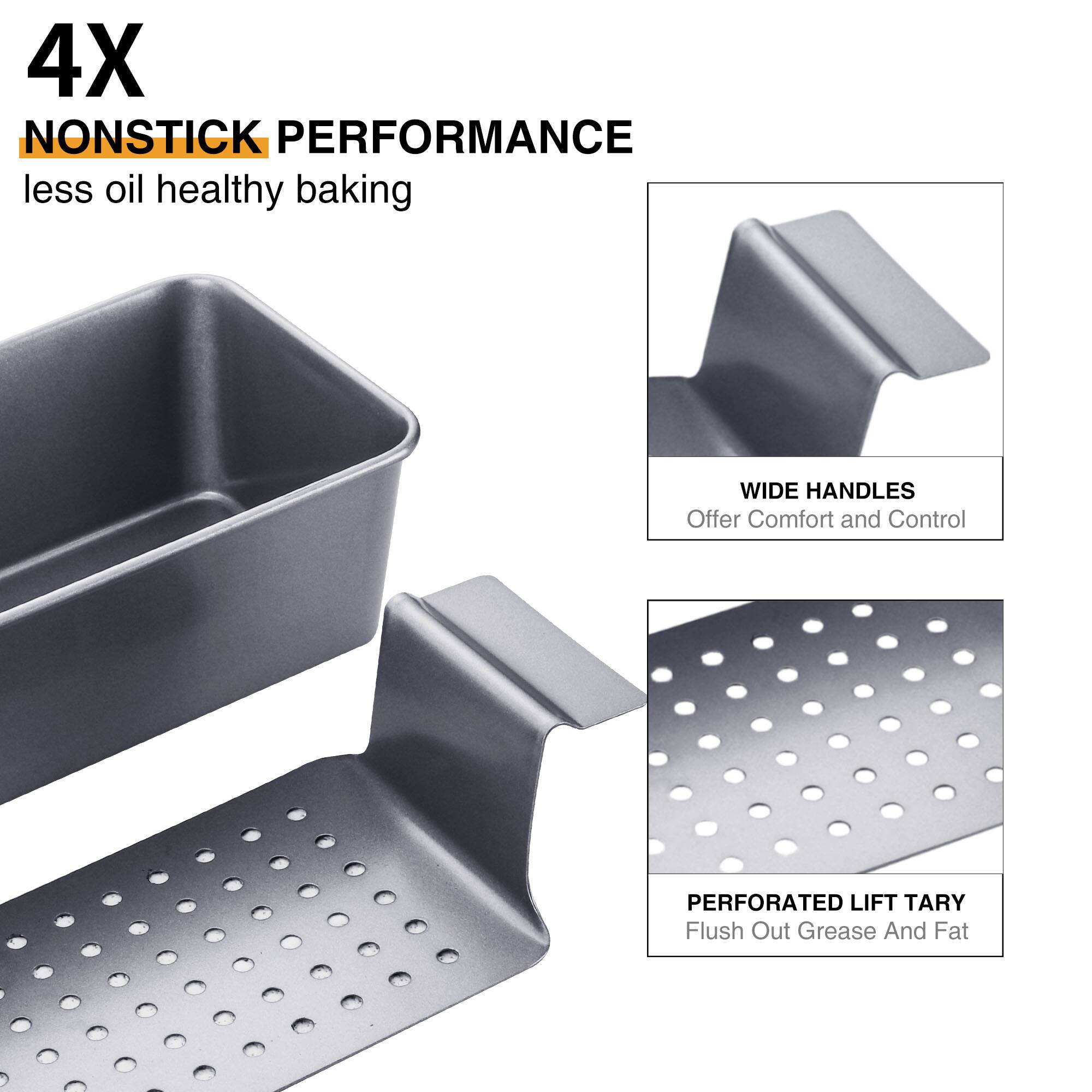 4X NONSTICK PERFORMANCE  
less oil healthy baking  

WIDE HANDLES  
Offer Comfort and Control  

PERFORATED LIFT TARY  
Flush Out Grease And Fat