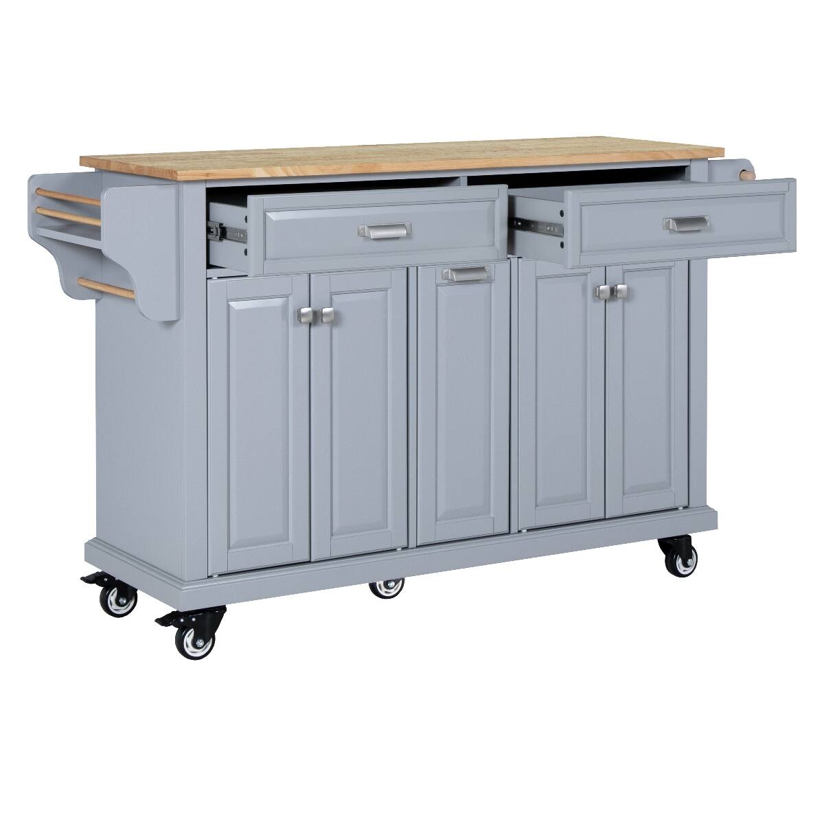 Alt View 3. Loheer - Loheer Grey Kitchen Island with Rubberwood Countertop Rolling Kitchen Cart on 5 Wheels - Grey.
