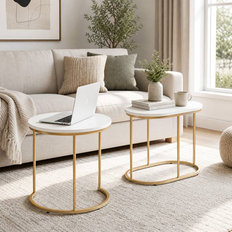 Left. WELLFOR - Modern Nesting Coffee Table Set of 2, 24 in Round Coffee Table for Small Place, End Side Tables Night Stand - White.