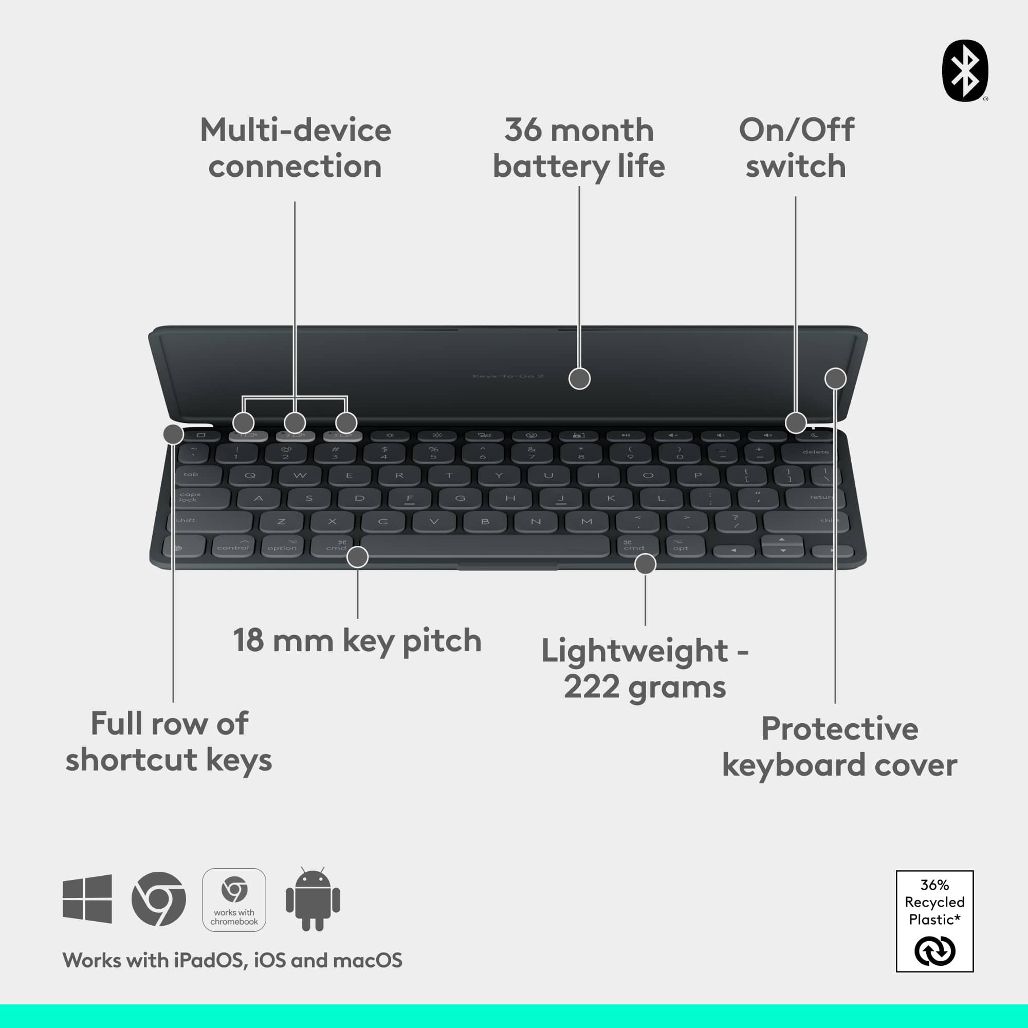 Multi-device connection, 36-month battery life, On/Off switch, 18mm key pitch, Lightweight, 222 grams, Full row of shortcut keys, Protective keyboard cover, works with Chromebook, 36% Recycled Plastic, works with iPadOS, iOS, and macOS.