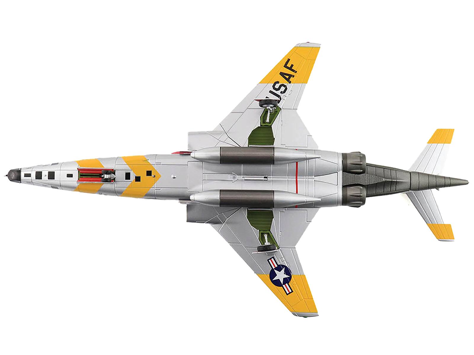 Left. Hobby Master - McDonnell RF-101C Voodoo 363rd TRW Operation Sun Run 1957 United States Air Force Air Power Series Fighter 1/72 - Silver, Yellow.