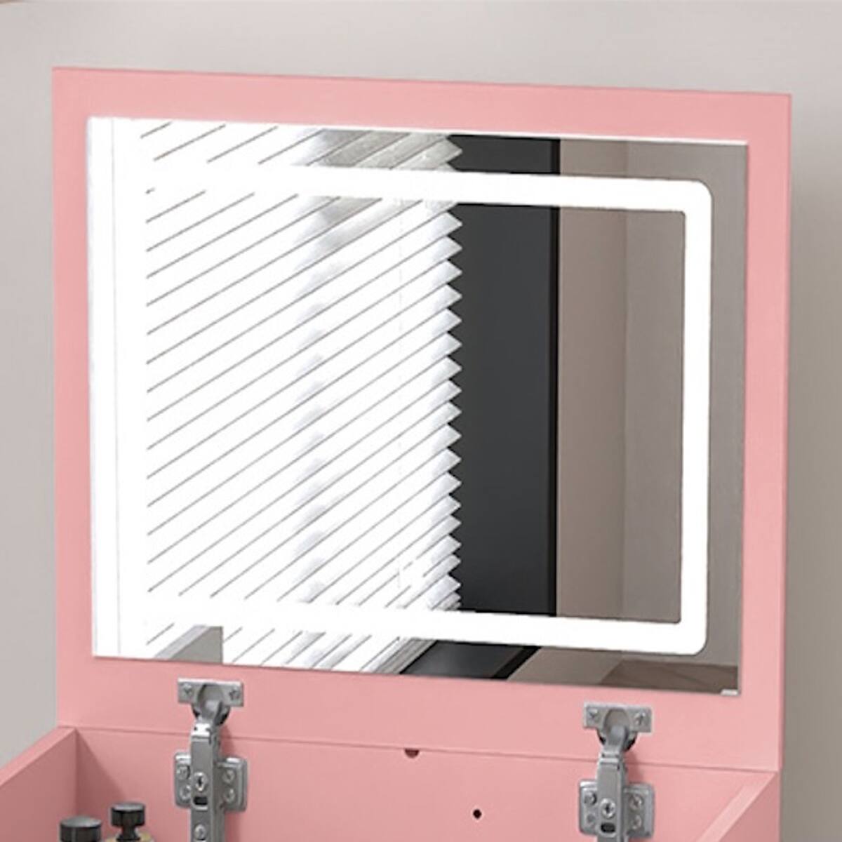 Left. Loheer - Loheer Pink Makeup Vanity with Stool, Flip Up Mirror and Three Color Lights - Pink.