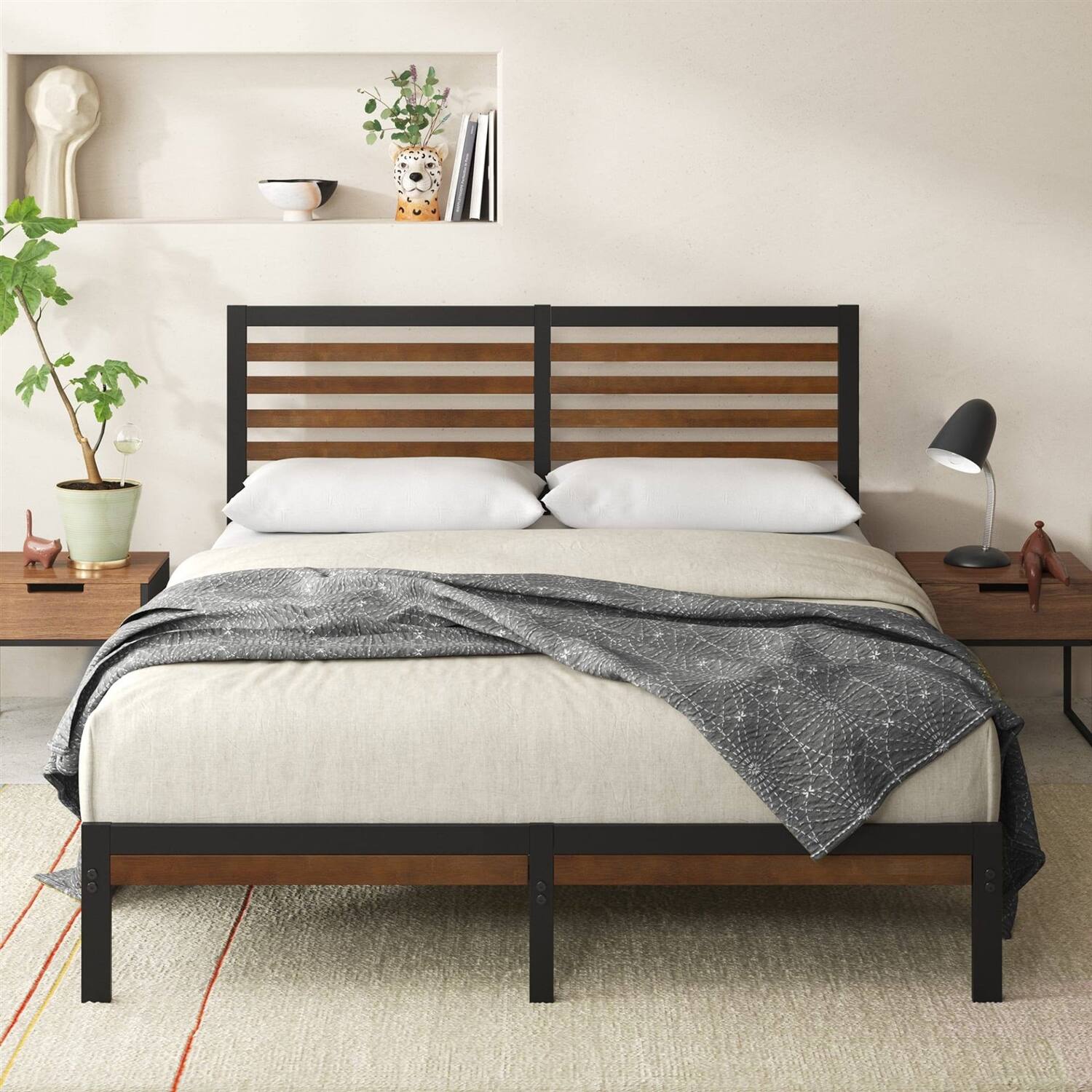 Angle. Hivvago - Hivvago Queen Metal Platform Bed Frame with Bamboo Wood Slat Headboard and Footboard - Brown.