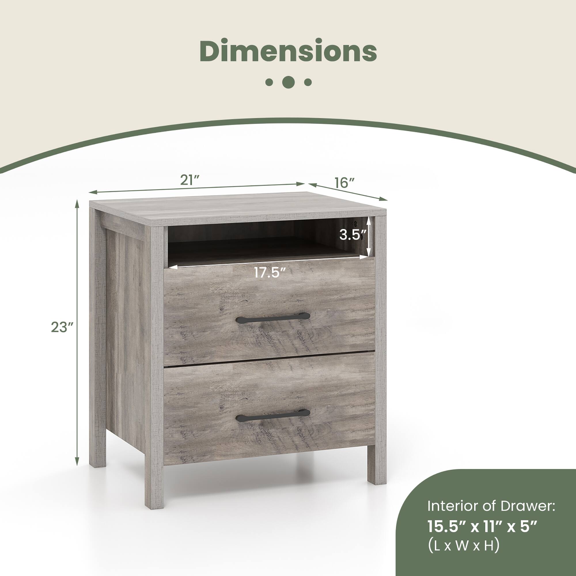 Dimensions: 21" x 16" x 3.5" x 17.5" x 23"  
Interior of Drawer: 15.5" x 11" x 5" (L x W x H)
