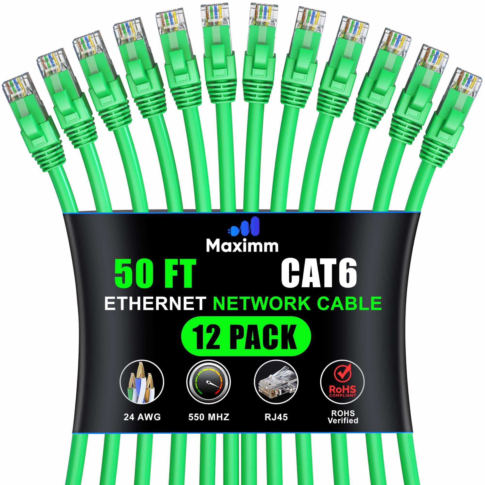 Maximm - Cat 6 Ethernet Cable 50 ft (12-Pack) - UTP, 10Gbps, 550MHz