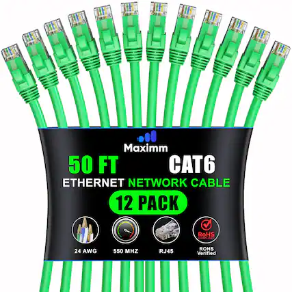 Maximm 50 FT CAT6 ETHERNET NETWORK CABLE 12 PACK RoHS COMPLIANT 24 AWG 550 MHZ RJ45 ROHS Verified