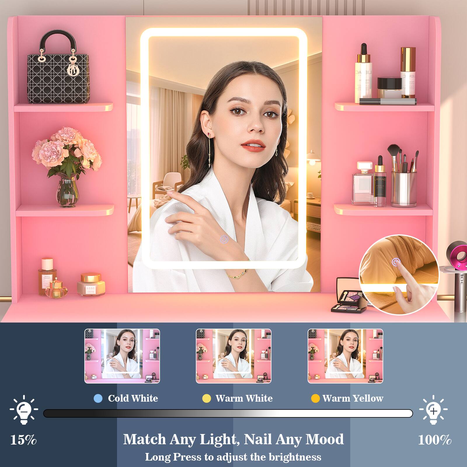 4.1 Cold White Warm White Warm Yellow + 15% Match Any Light, Nail Any Mood Long Press to adjust the brightness 100%