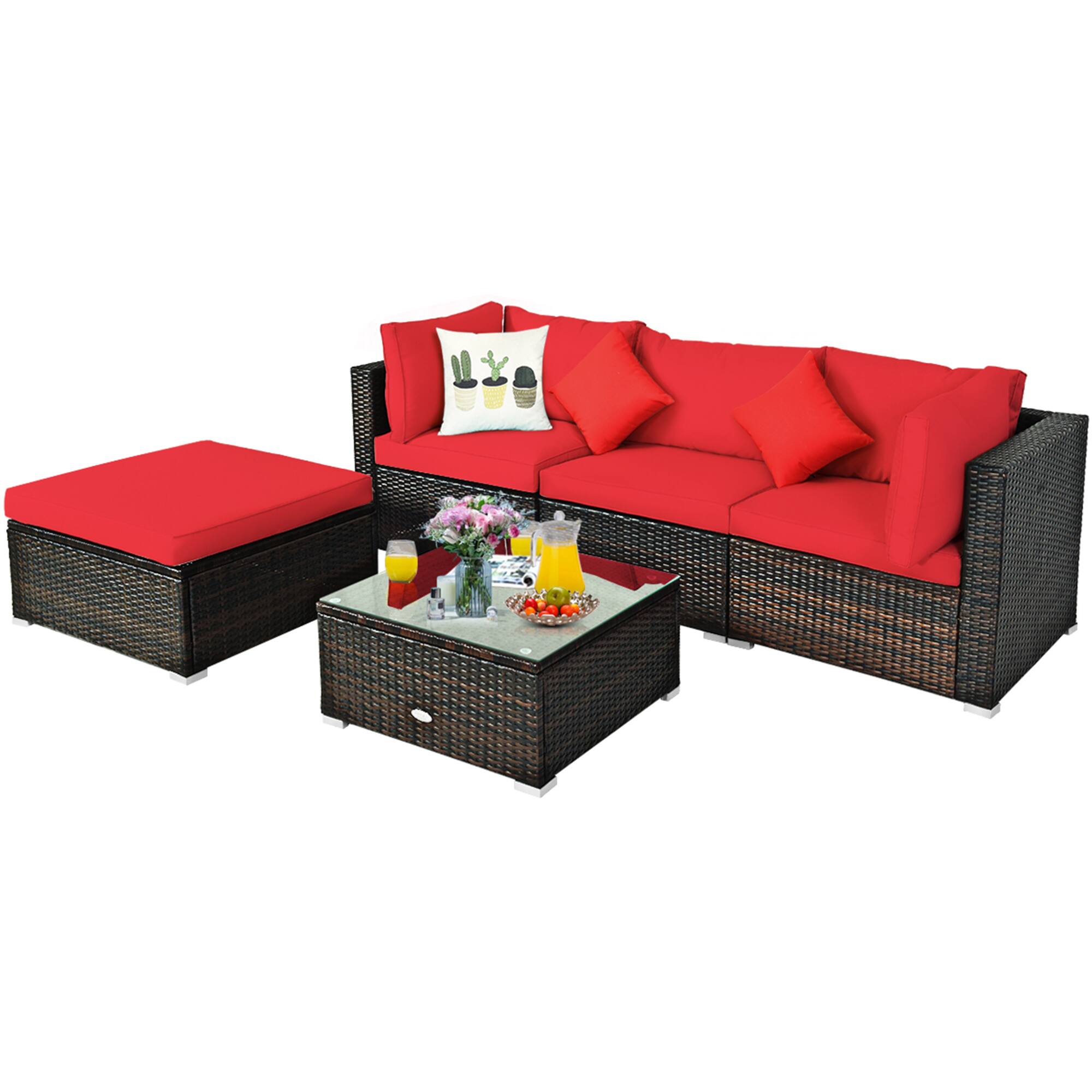 Alt View 7. Gymax - Gymax 5PCS Rattan Sectional Sofa Set Patio Furniture Set w/ Red Cushion Pillow - Red.