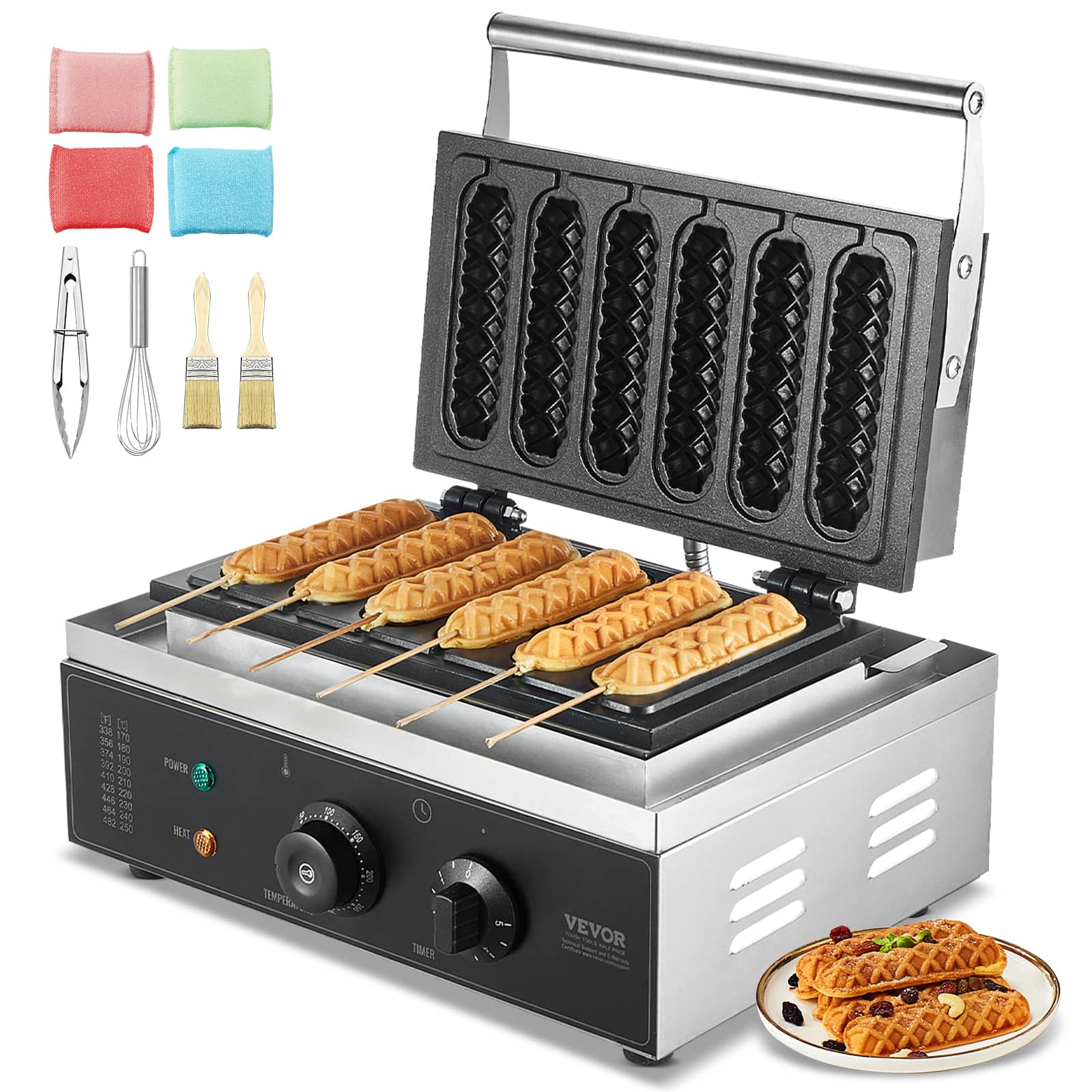 VEVOR - Commercial Waffle Stick Maker, 6PCS 1500W Waffle Baker Machine, Non-Stick Stainless Steel Corn Hot Dog Waffle Iron - Silver;Black