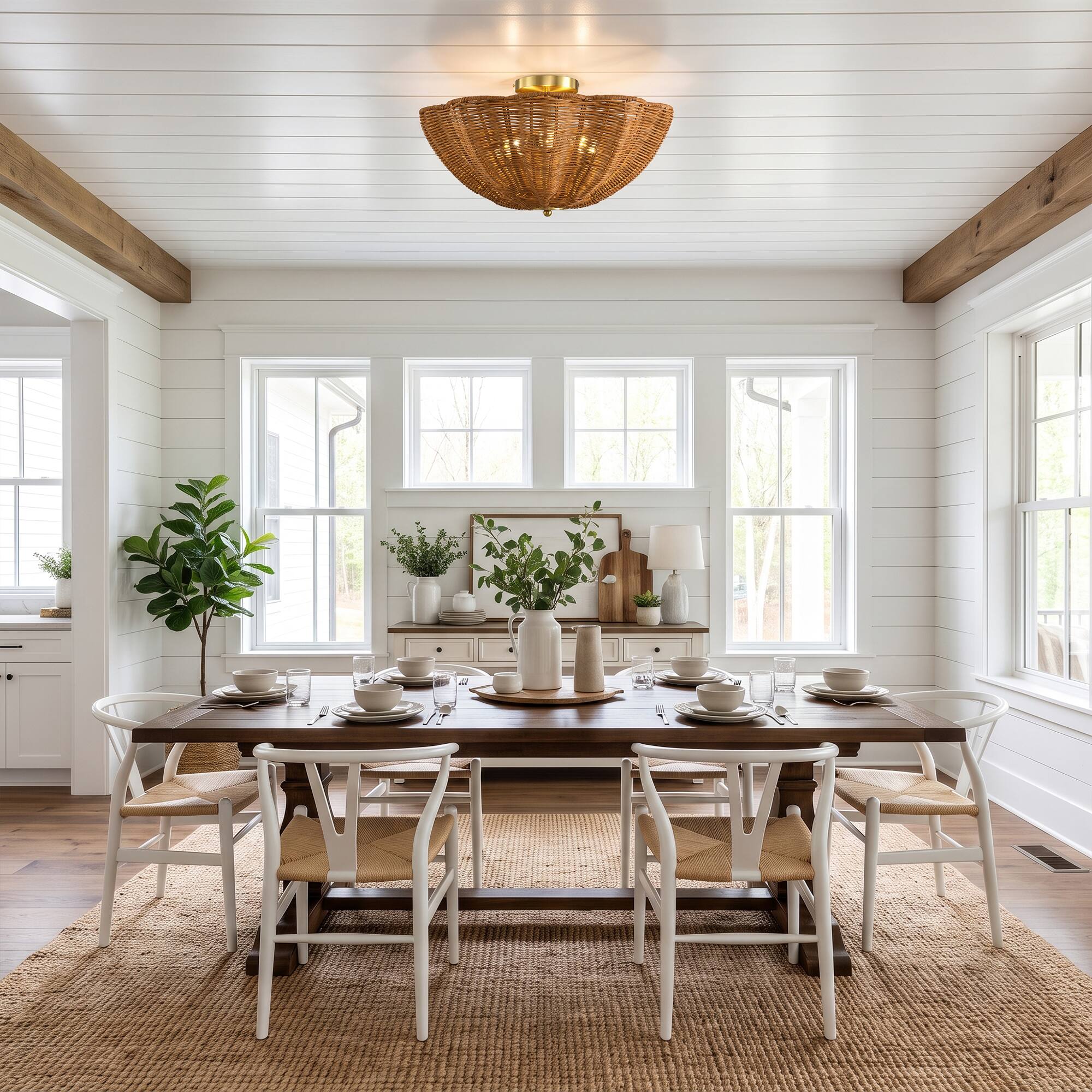 Left. Parrot Uncle - 15 Inch Boho Scalloped Rattan Flush Mount Ceiling Light 3 Light Wicker Fixture - Natural.