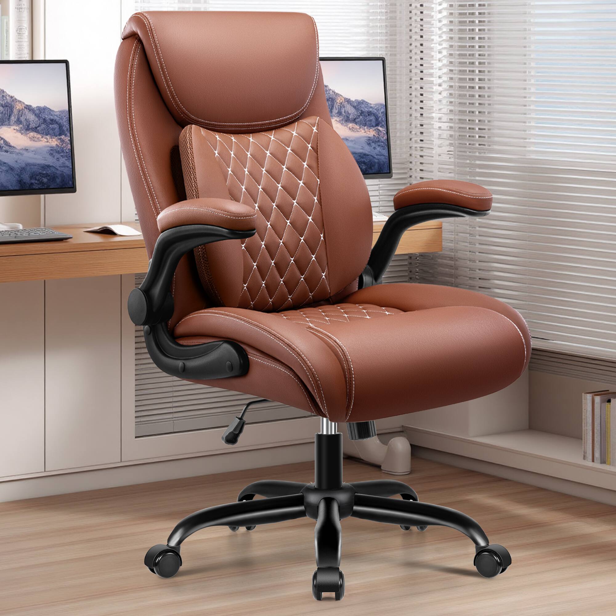 Alt View 6. KERDOM - Ergonomic PU Leather Office Chair, Executive Chair with Lumbar Support for Lower Back Pain Relief, Padded Flip-up Arms - Brown.