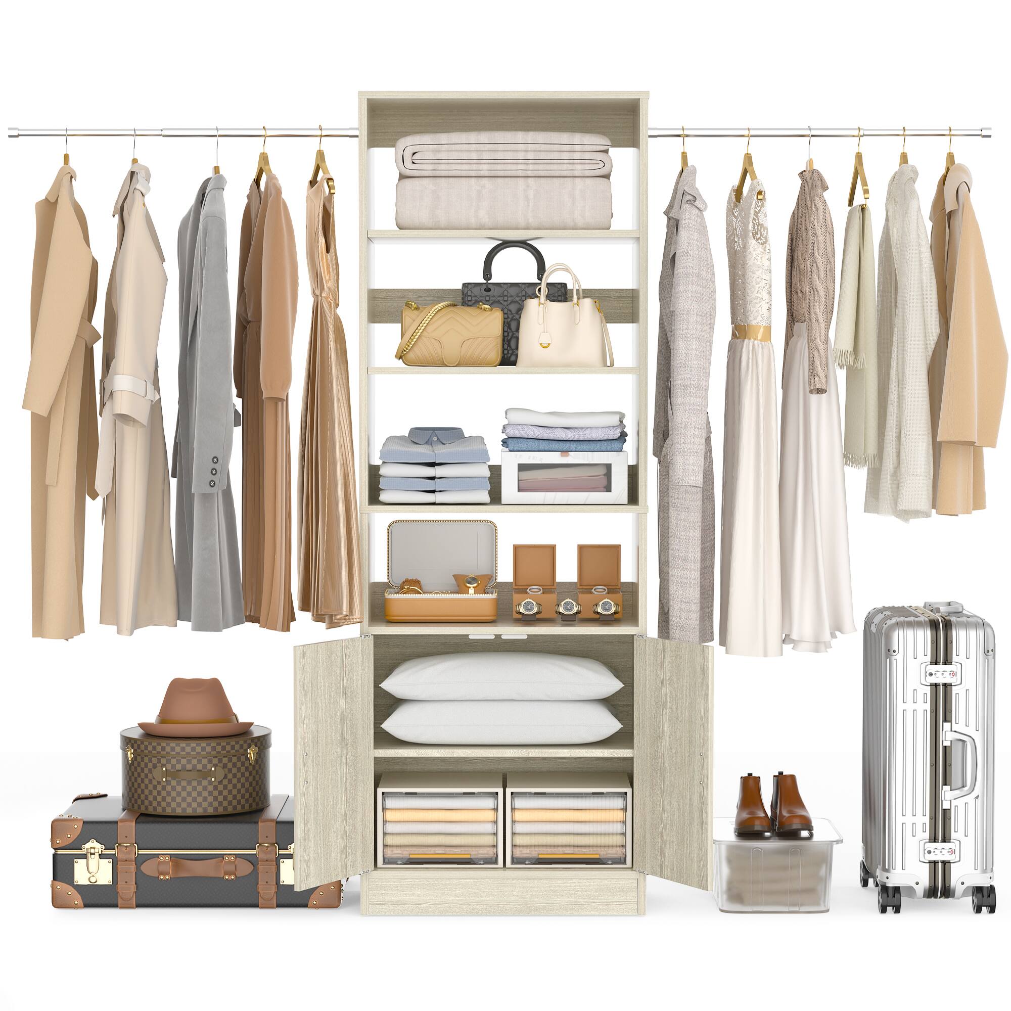 Alt View 1. Aheaplus - 8FT Heavy Duty Wall-Mount Closet Organizer System ,Adj Shelves, Hanging Rods & Storage Cabinet - White Oak.