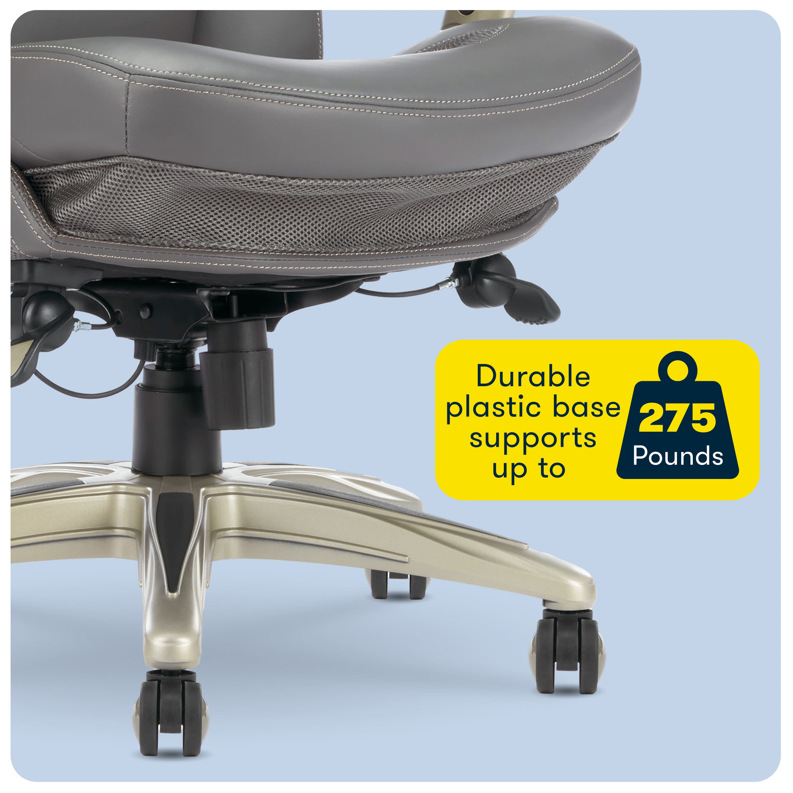 The image features a chair with a durable plastic base that can support up to 275 pounds. The chair is designed to provide stability and comfort for the user.