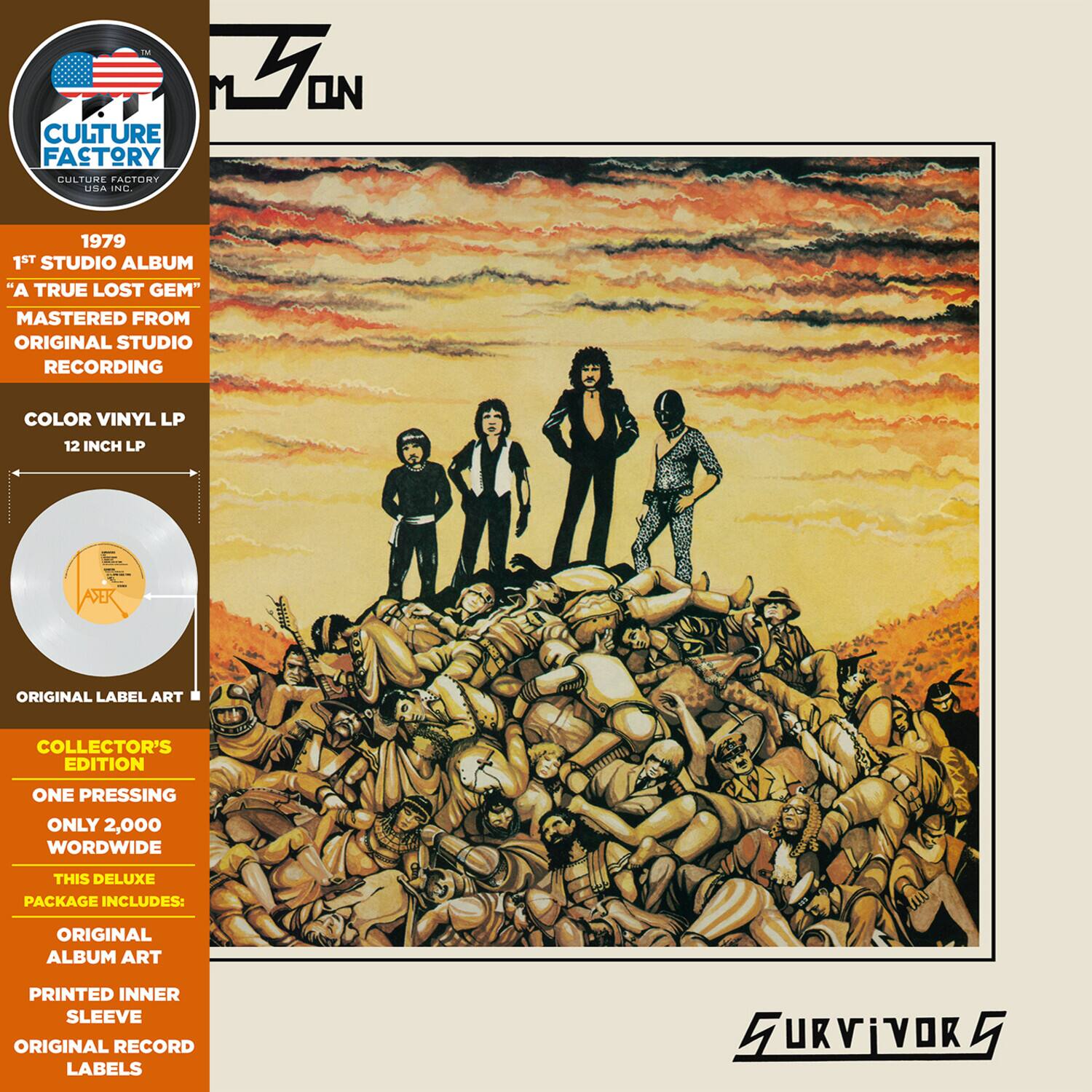 CULTURE FACTORY  
CULTURE FACTORY USA INC.  

1979  
1ST STUDIO ALBUM  
"A TRUE LOST GEM"  
MASTERED FROM ORIGINAL STUDIO RECORDING  

COLOR VINYL LP  
12 INCH LP  

ORIGINAL LABEL ART  

COLLECTOR'S EDITION  
ONE PRESSING ONLY 2,000 WORLDWIDE  

THIS DELUXE PACKAGE INCLUDES:  
ORIGINAL ALBUM ART  
PRINTED INNER SLEEVE  
ORIGINAL RECORD LABELS  

SURVIVOR