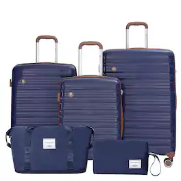 Travelhouse - 5‑Piece Hardshell Luggage Set, Striped Lightweight Suitcase with TSA Lock, 360° Spinner Wheels for Family Travel - Blue