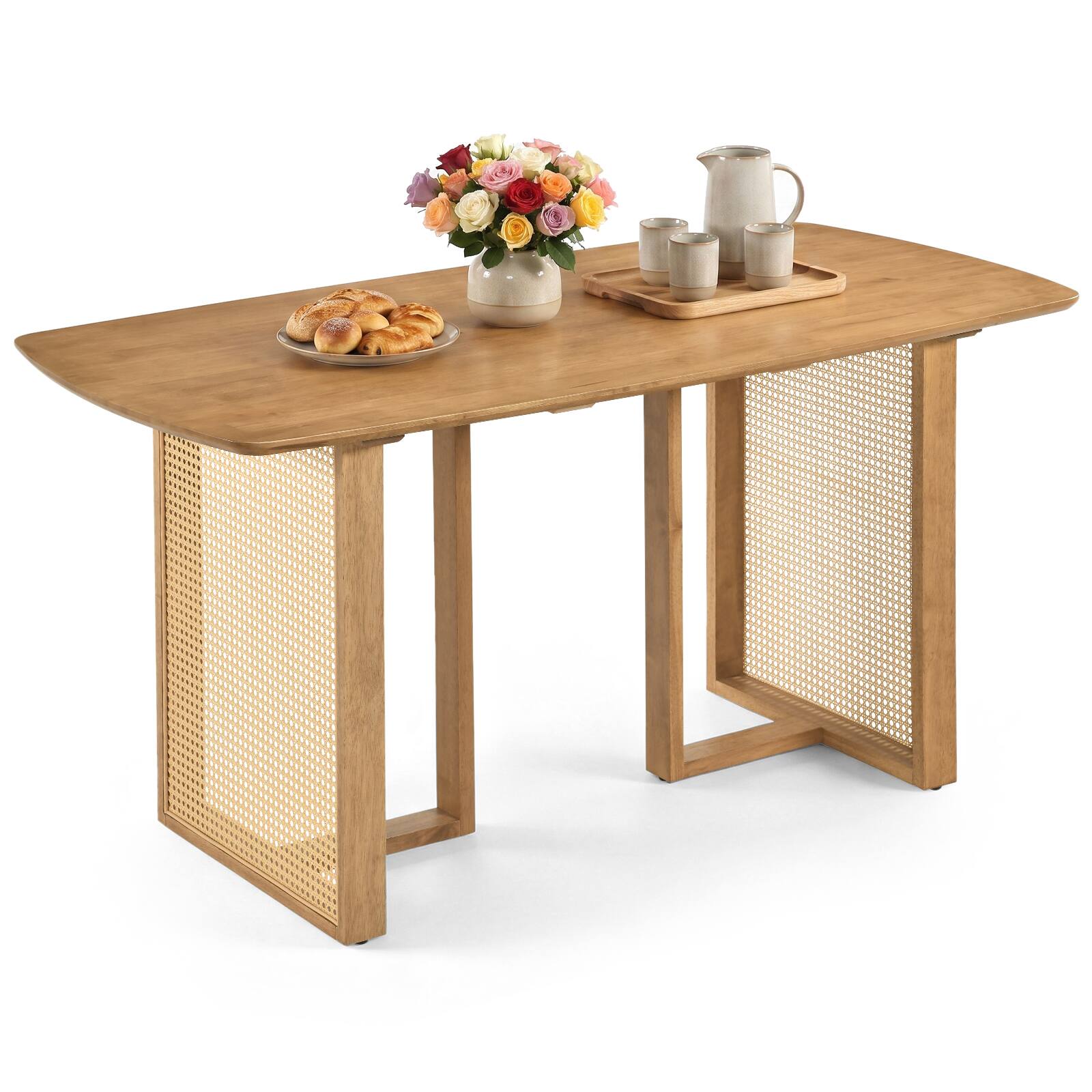 Alt View 1. Costway - Costway 55" Solid Rubber Wood Dining Table with T-shaped Legs Woven Rattan Details for Home - Natural.