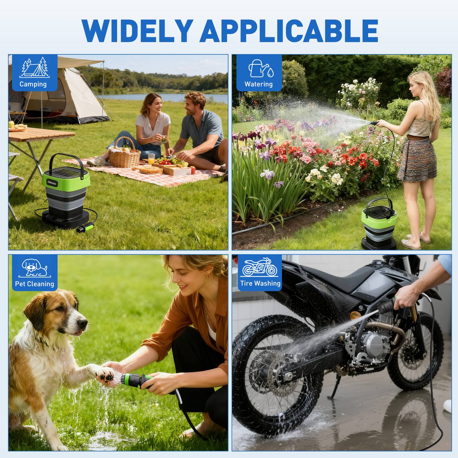 WIDELY APPLICABLE

- Camping
- Watering
- Pet Cleaning
- Tire Washing