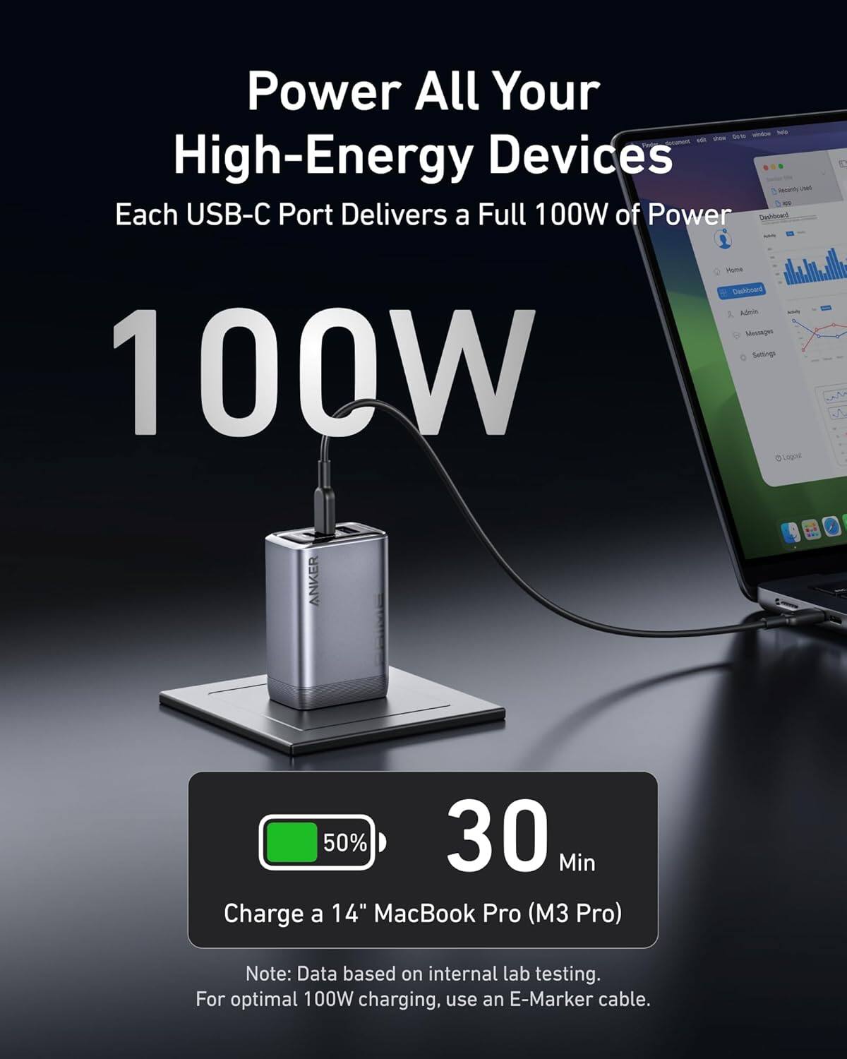 Power All Your High-Energy Devices  
Each USB-C Port Delivers a Full 100W of Power  

100W  

50%  
30 Min  
Charge a 14" MacBook Pro (M3 Pro)  

Note: Data based on internal lab testing.  
For optimal 100W charging, use an E-Marker cable.