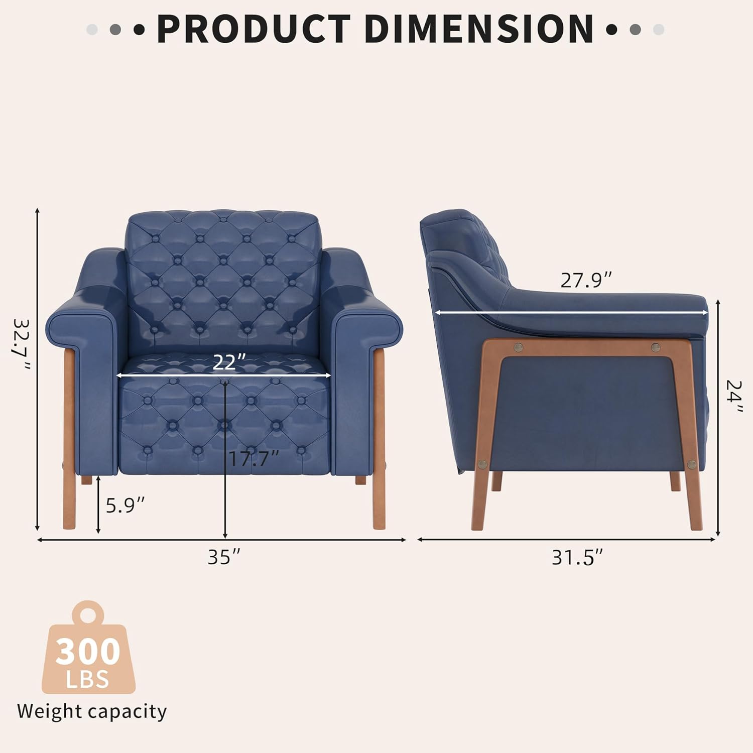 PRODUCT DIMENSION

- Height: 32.7"
- Width: 35"
- Depth: 22"
- Seat Height: 17.7"
- Armrest Height: 27.9"
- Back Height: 24"
- Overall Width: 31.5"

Weight capacity: 300 LBS