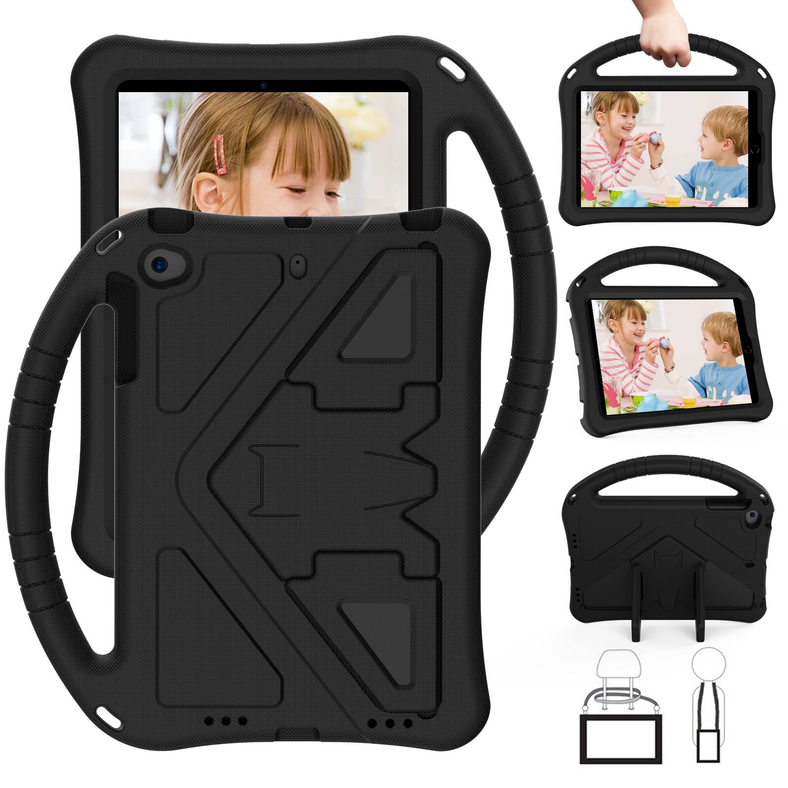 Back. Dteck - Rugged EVA Case for iPad Mini 5/4/3/2/1 (7.9"), Shockproof Kickstand Handle Protective Lightweight Cover - Black.