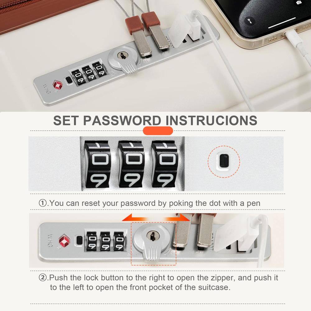 SET PASSWORD INSTRUCTIONS

1. You can reset your password by poking the dot with a pen.

2. Push the lock button to the right to open the zipper, and push it to the left to open the front pocket of the suitcase.
