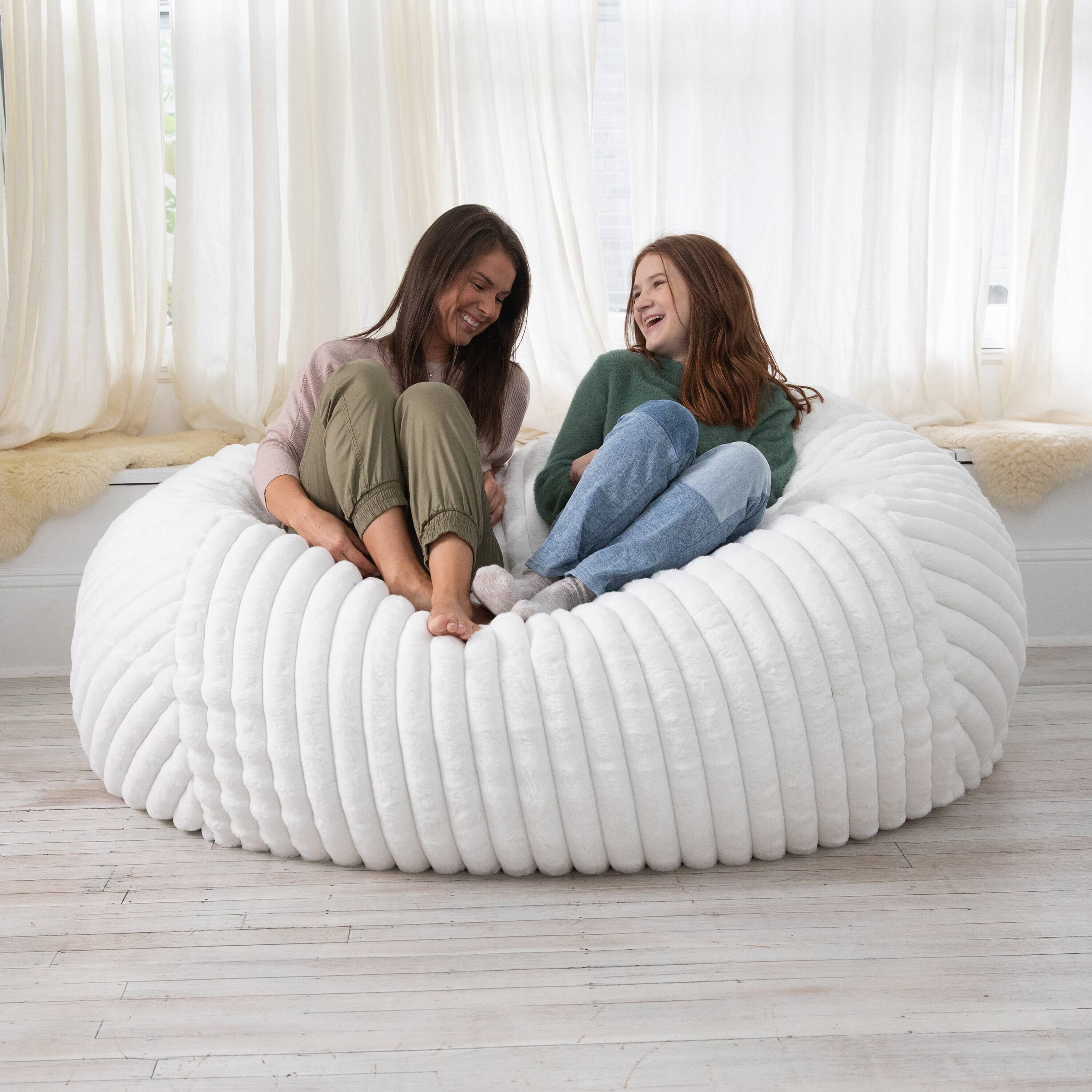 Left. Jaxx - Jaxx 5.5 ft Bean Bag Loveseat, Premium Faux Fur, Mondo Ivory - Mondo Ivory.