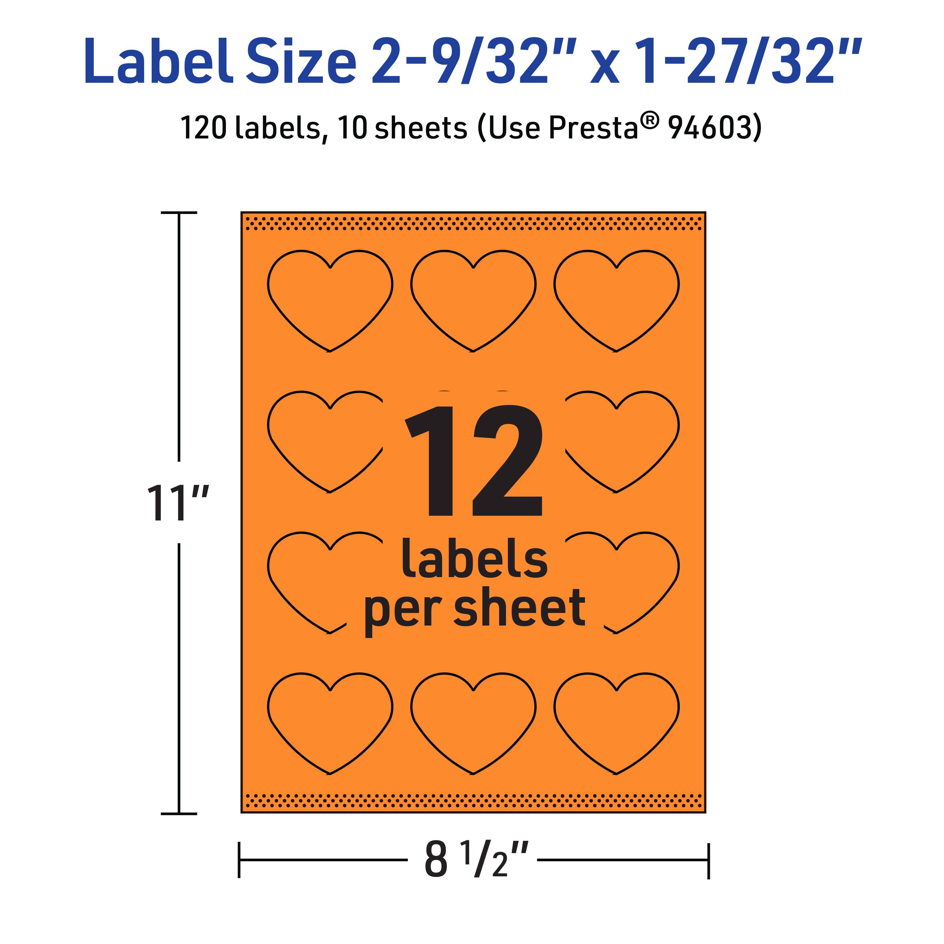 Label Size 2-9/32" x 1-27/32"  
120 labels, 10 sheets (Use Presta® 94603)  
12 labels per sheet  
11" x 8 1/2"