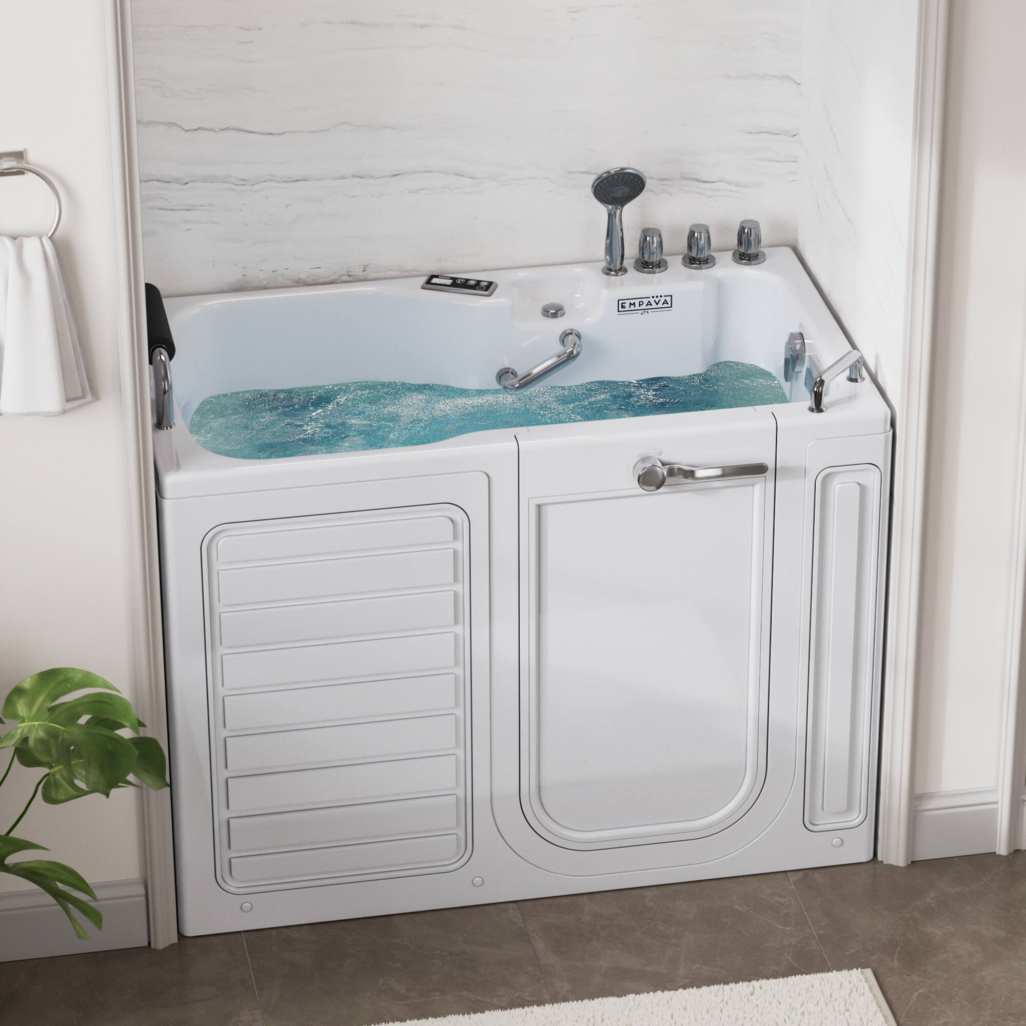 Left. Empava - 54 in. x 30 in. Right Drain Whirlpool Air Combination Walk-in Bathtub with Outward Opening Door for Senior Care in White - White.