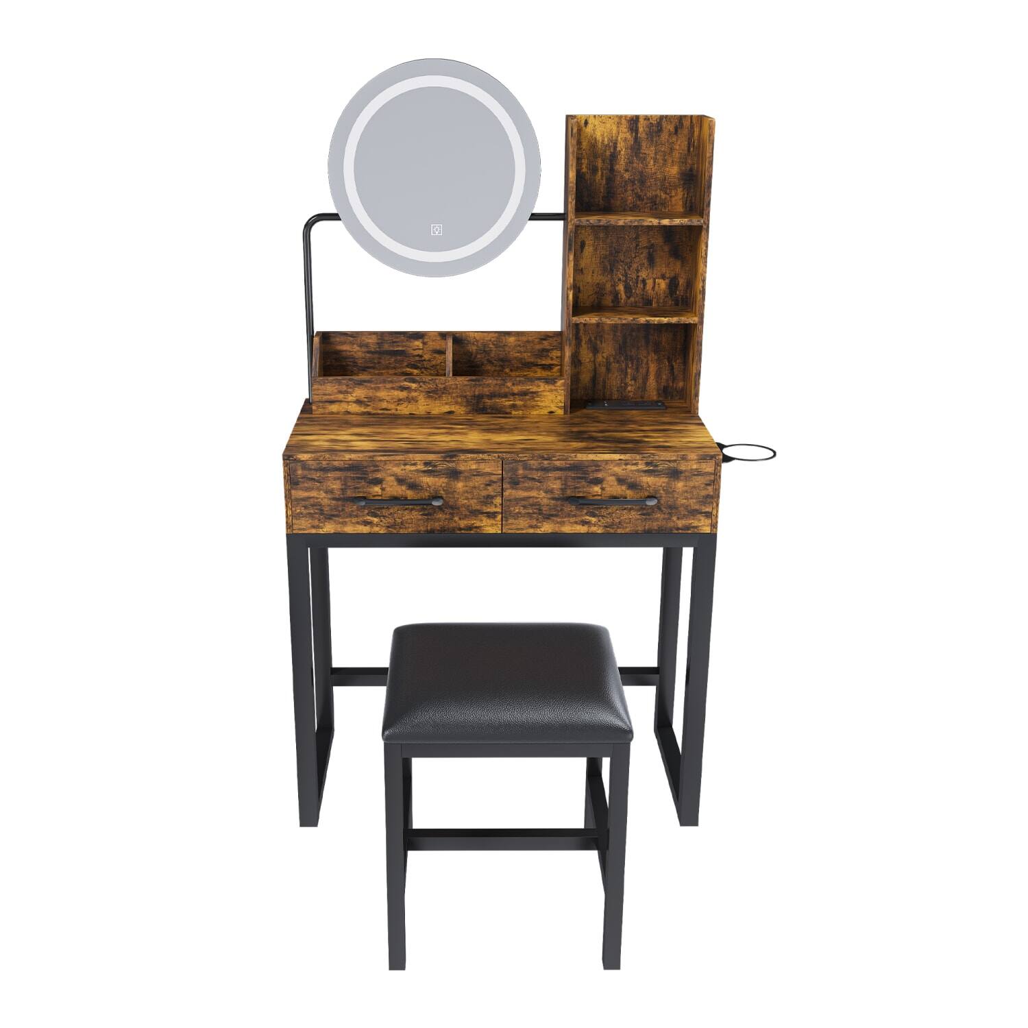 Alt View 4. Lirago - Brown LED Makeup Vanity Table with 3 Light Mirror Power Outlet 2 Drawers Stool  Dressing Table Desk for Bedroom - Brown.