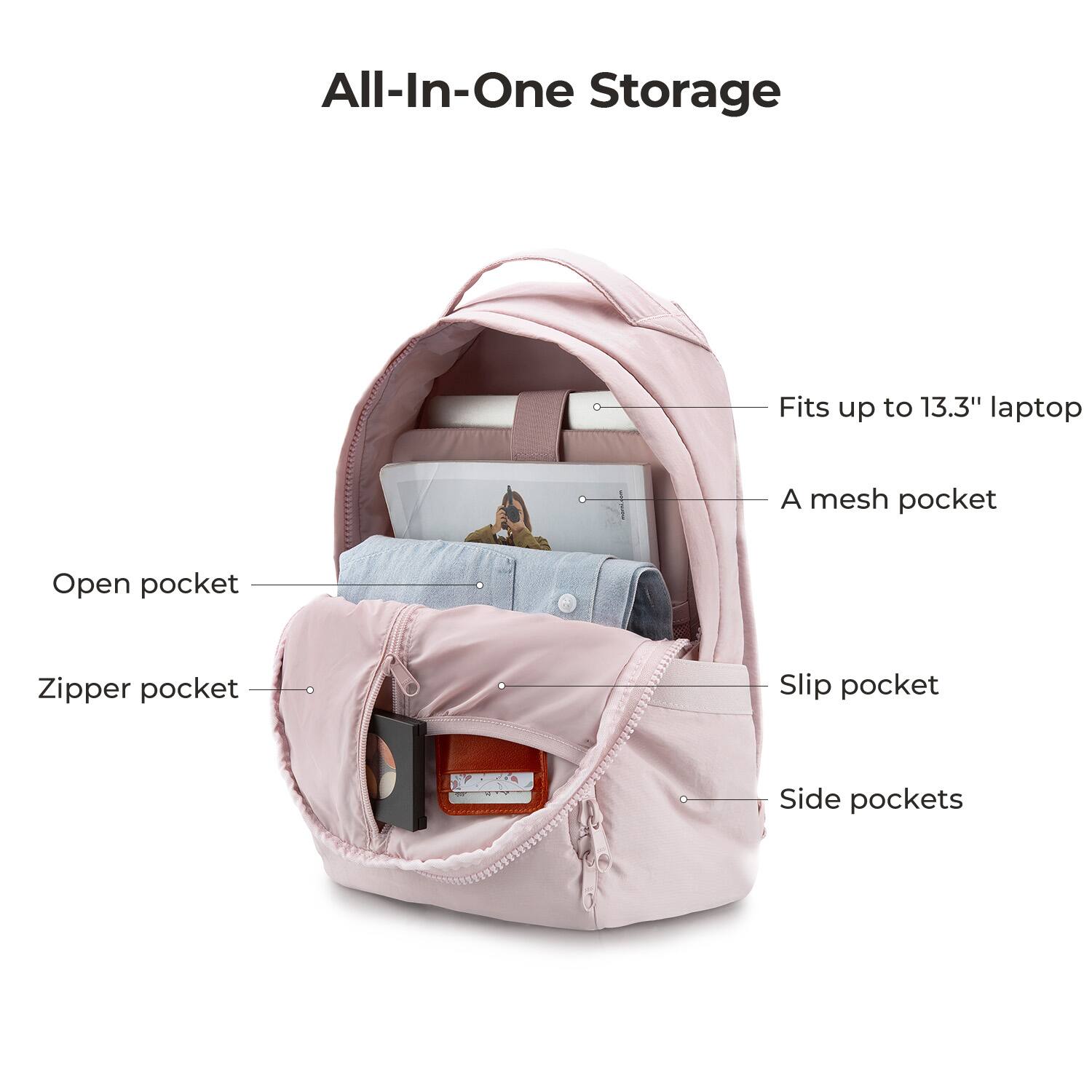All-In-One Storage

- Fits up to 13.3" laptop
- A mesh pocket
- Open pocket
- Zipper pocket
- Slip pocket
- Side pockets