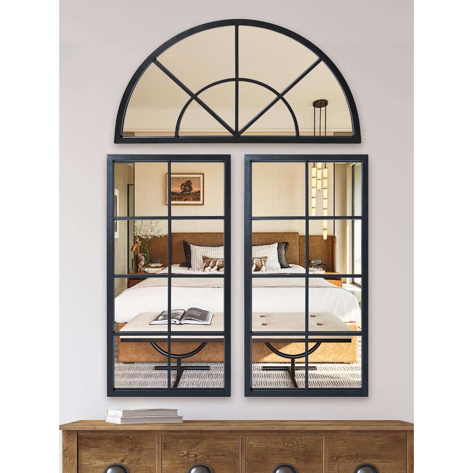 Back. Cedar Assembly - Arched Window Pane Wall Mirrors Set Of 3 47 24 31 5" Diy Window-shaped Decorative Art Mirror Metal Window... - Black-spliced-47.2"L x 31.5"W.