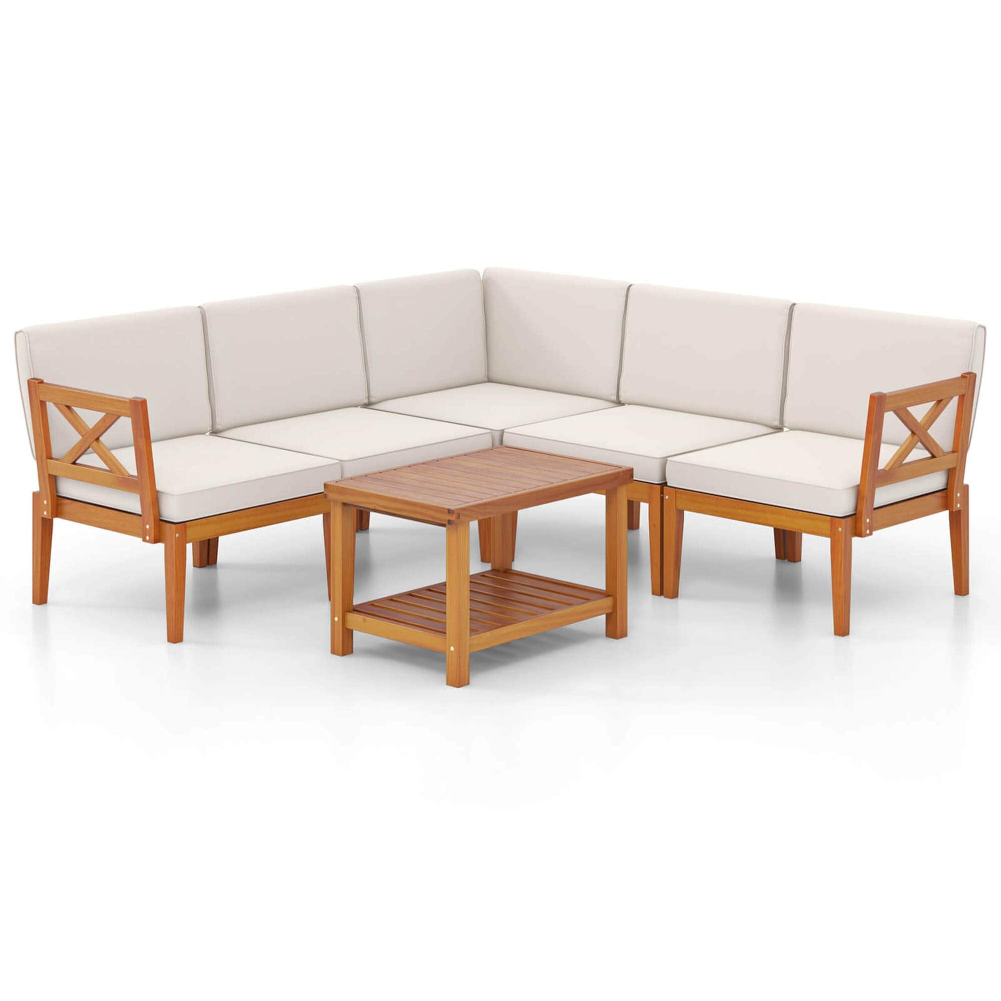 Front. Costway - 6 PCS Acacia Wood Patio Furniture Set with Cushions and 2-Tier Coffee Table - Off White,Natural.