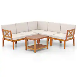 Costway - 6 PCS Acacia Wood Patio Furniture Set with Cushions and 2-Tier Coffee Table - Off White,Natural