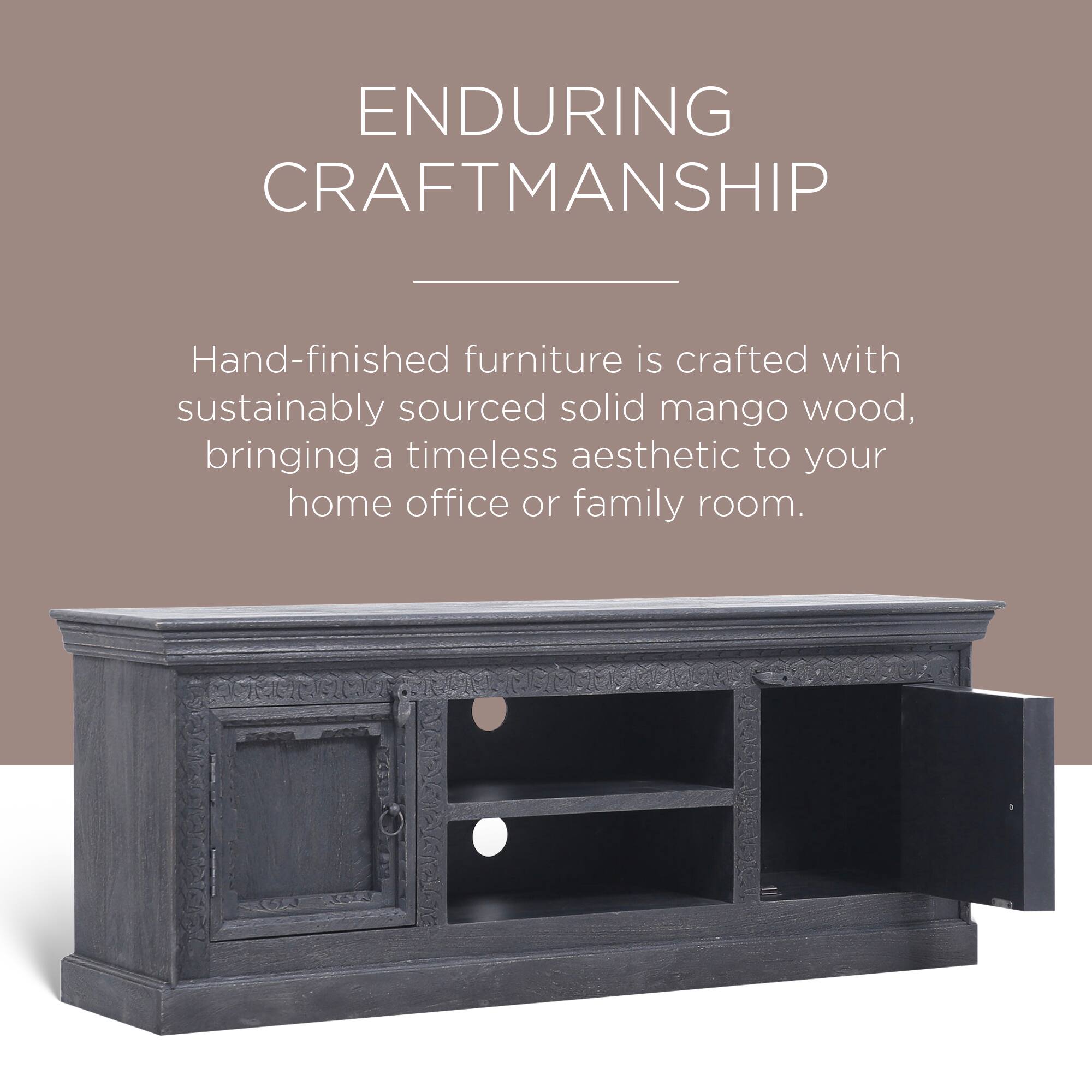 ENDURING CRAFTSMANSHIP

Hand-finished furniture is crafted with sustainably sourced solid mango wood, bringing a timeless aesthetic to your home office or family room.
