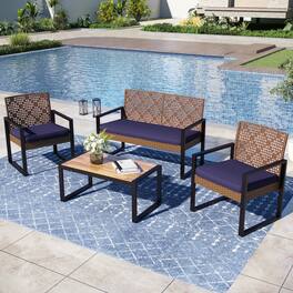 SUMMIT LIVING - 4-Piece All-Weather Rattan Patio Furniture Set, Outdoor Conversation Set with Wood Table - Brown & Navy Blue