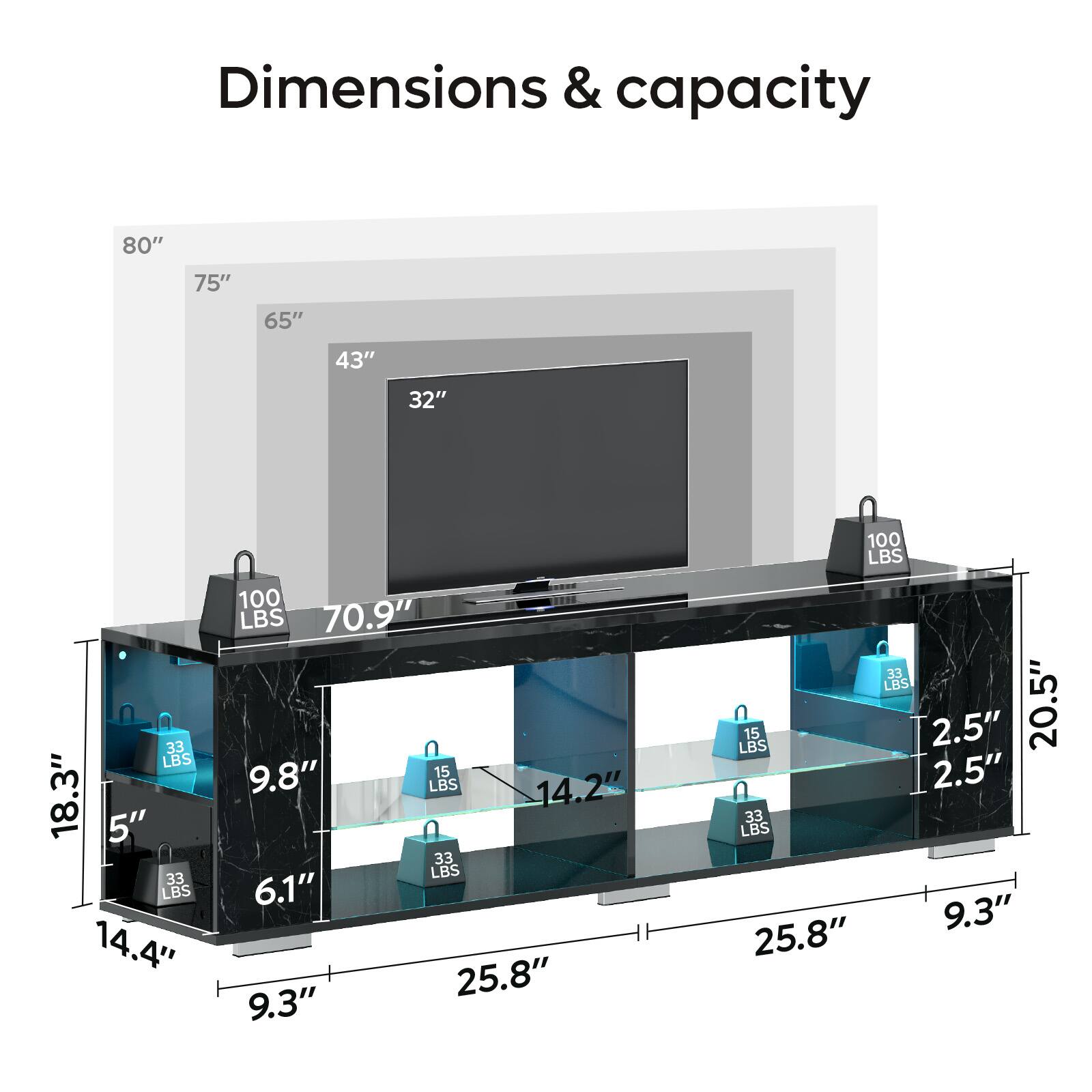 Dimensions & Capacity:

* 80" TV: 75" x 65" x 43" x 32" x 100 LBS
* 70.9" TV: 9.8" x 15 LBS x 14.2" x 33 LBS x 6.1" x 25.8"
* 100 LBS: 14.4" x 100 LBS x 70.9" x 9.8" x 15 LBS x 2.5" x 20.5" x 2.5" x 33 LBS
* 33 LBS: 14.4" x 100 LBS x 70.9" x 9.8" x 15 LBS x 2.5" x 20.5" x 2.5" x 33 LBS