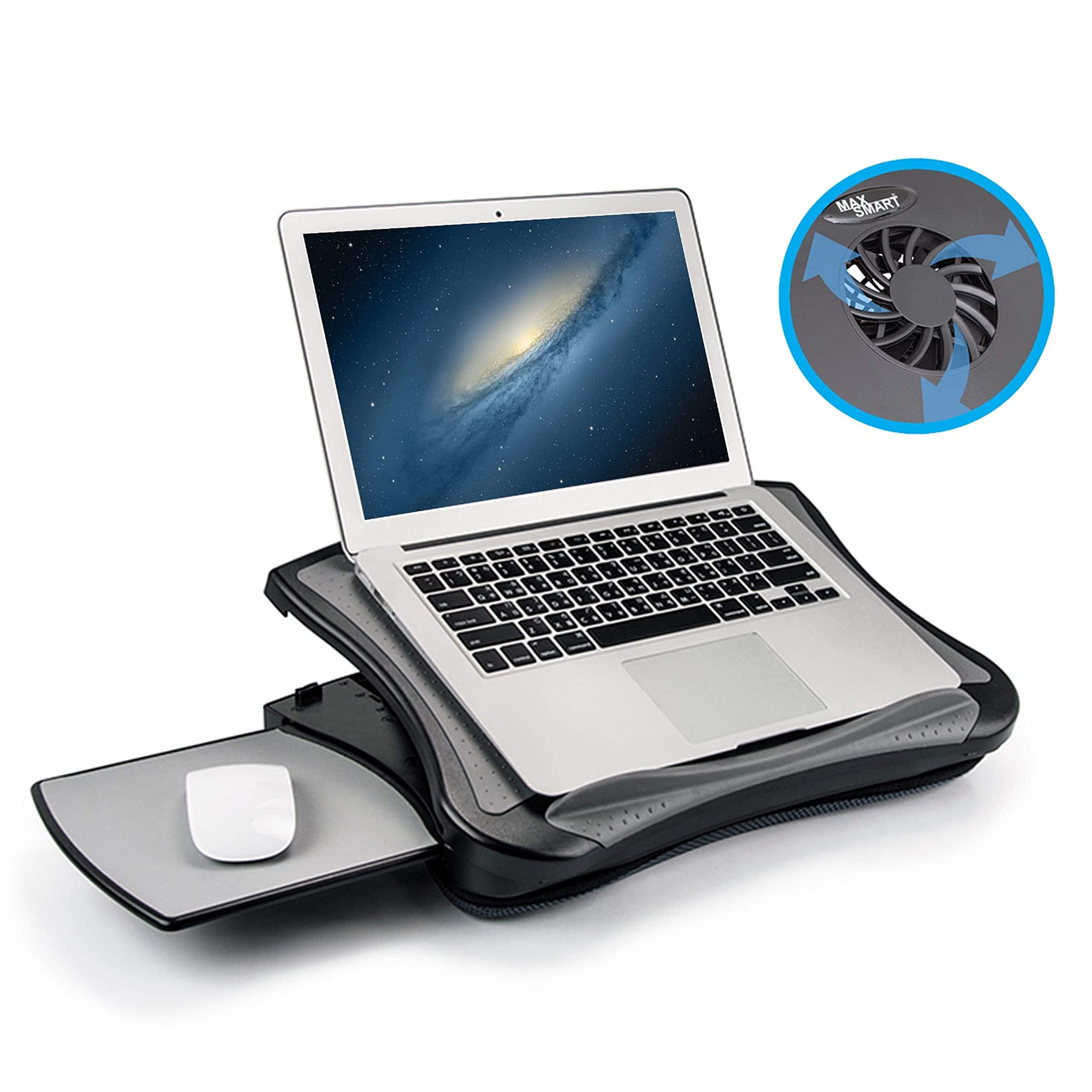 HongFei - Laptop Lap Pad Stand with Attached Mouse Pad, Cushion and USB Cooling Fan, Non-Slip Heat Shield for Home, Office, Bed - Lap Laptop Stand