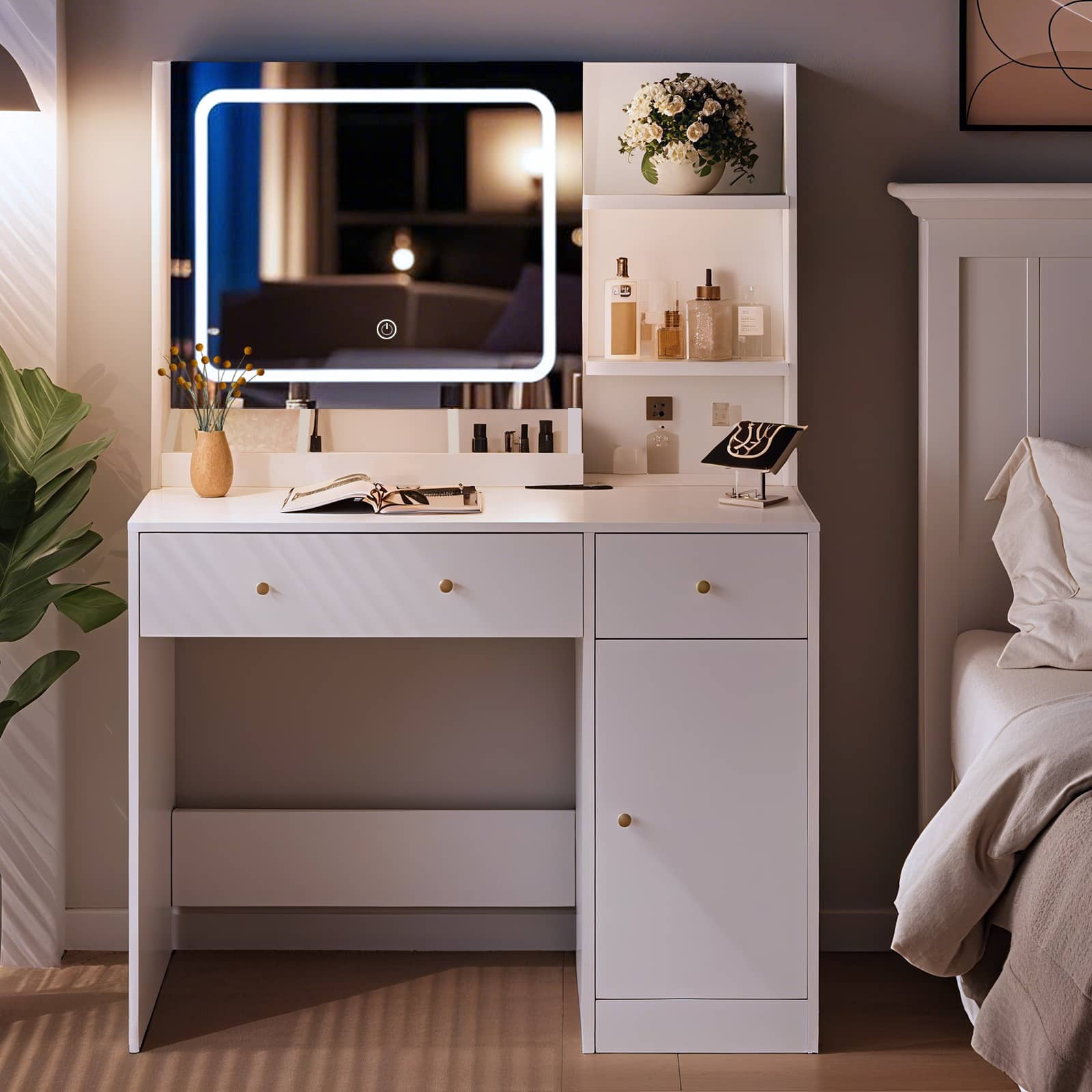 Alt View 2. Sugift - LED Vanity Table with Mirror Adjustable Lighting and 3 Tier Storage Drawers - White.